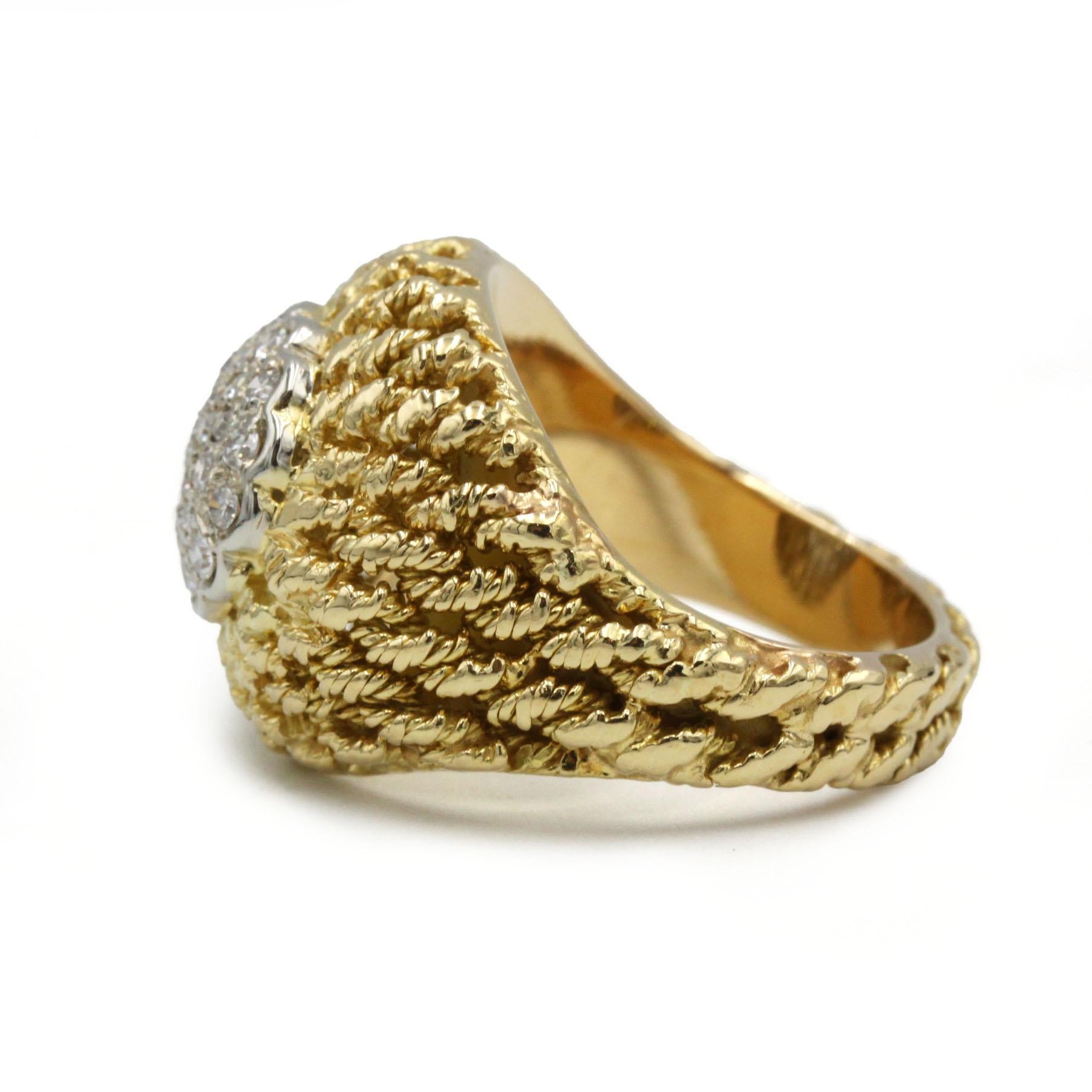 Rétro Anello retrò anni '70 in oro giallo 18K con diamanti intrecciati, 13,1 g, misura FR 55 (US 7) in vendita
