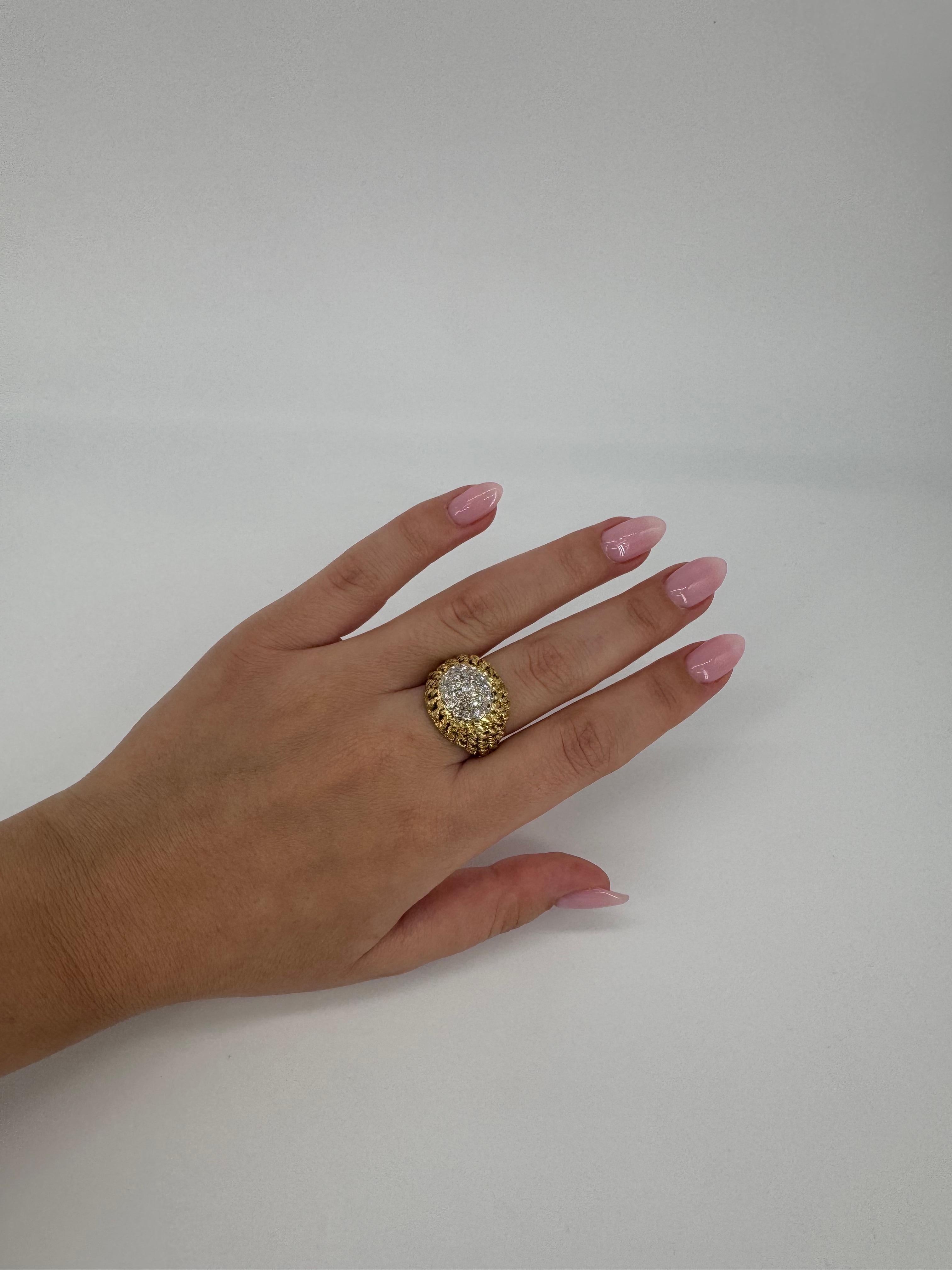 Taille ronde 1970 Retro Bague diamant tressé en or jaune 18K, 13.1 g, Taille FR 55 (US 7) en vente