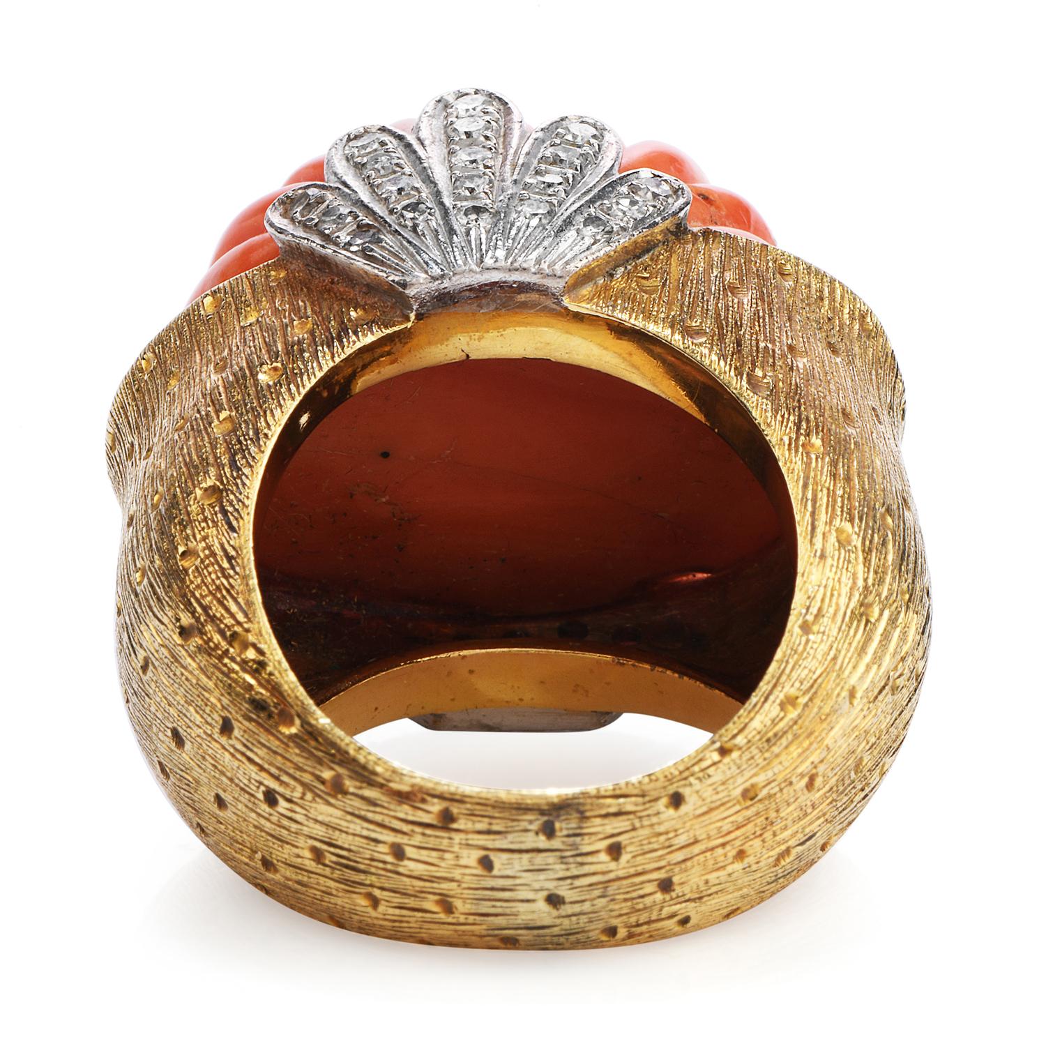vintage coral and diamond 18k yellow gold ring