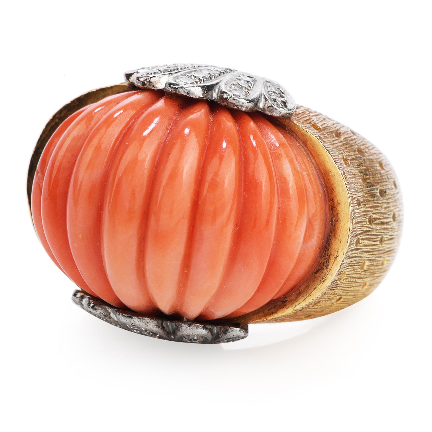 Cabochon 1970's Retro Diamond Carved Vintage Coral 18k Gold Shell Cocktail Ring