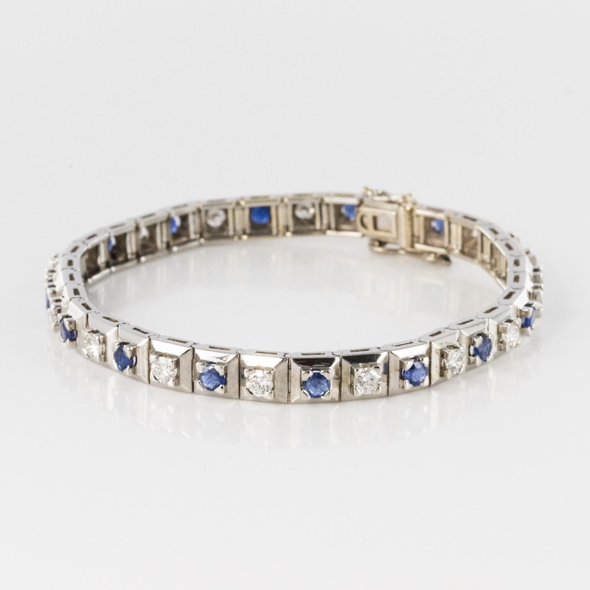 Radiant Cut 1970s Retro Sapphires Diamonds 18 Karat White Gold Line Bracelet