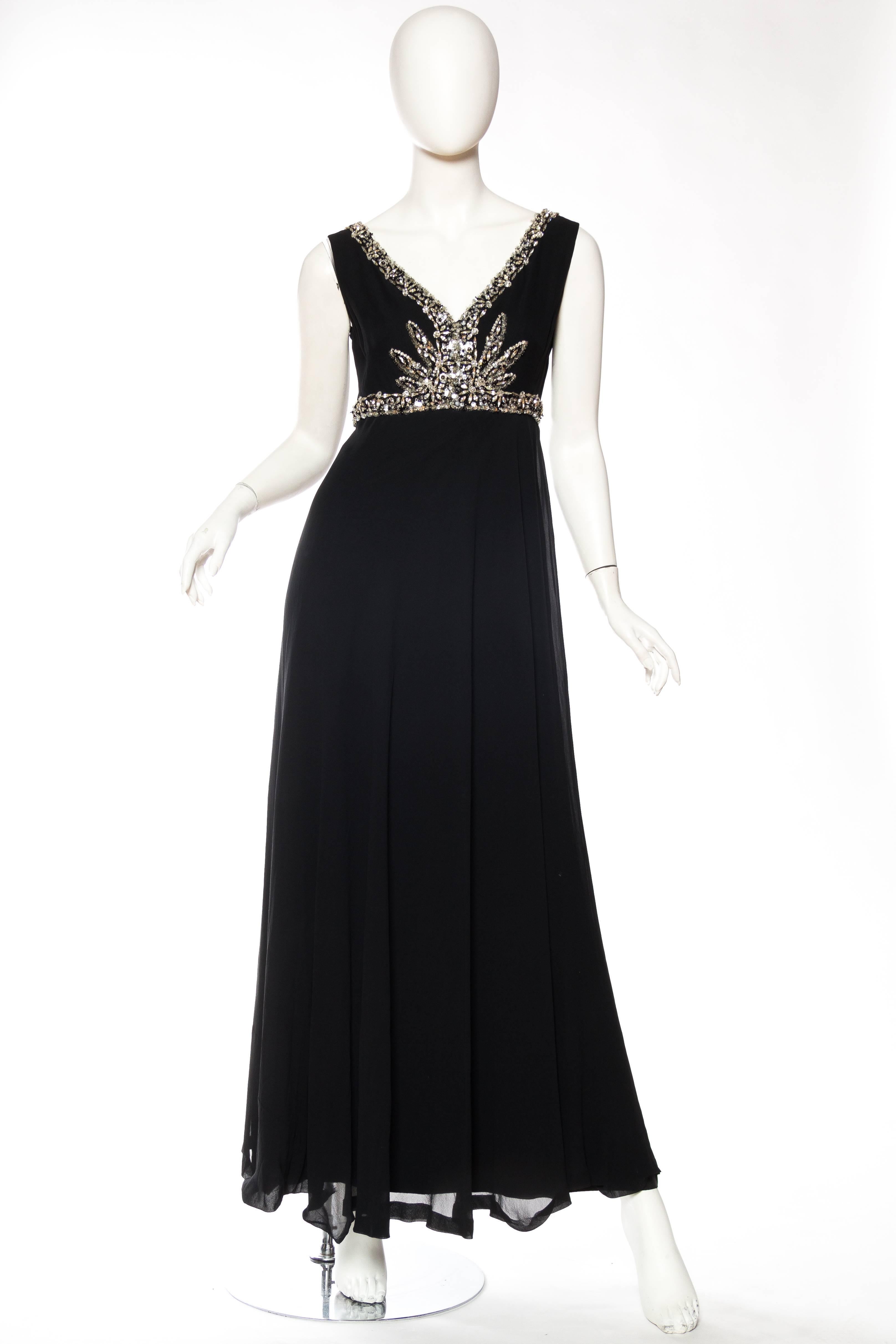 1970S RETY OF PARIS Black Haute Couture Silk Chiffon Crystal Beaded Empire Waist Gown