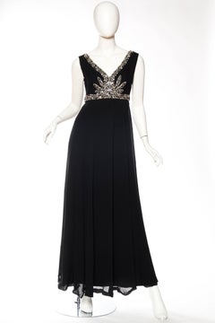 1970S RETY OF PARIS Black Haute Couture Silk Chiffon Crystal Beaded Empire Wais