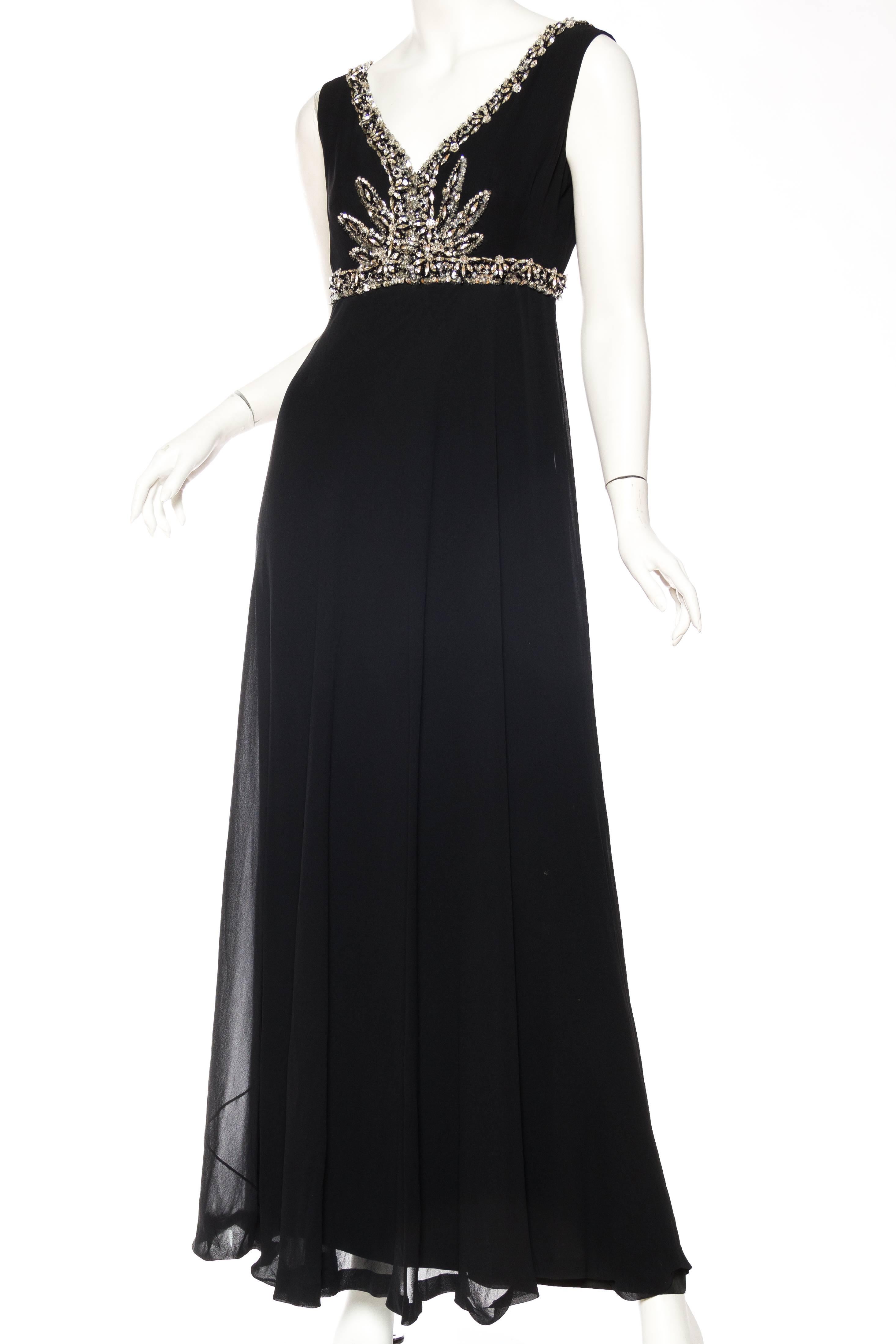 1970S RETY OF PARIS Black Haute Couture Silk Chiffon Crystal Beaded Empire Wais In Excellent Condition For Sale In New York, NY