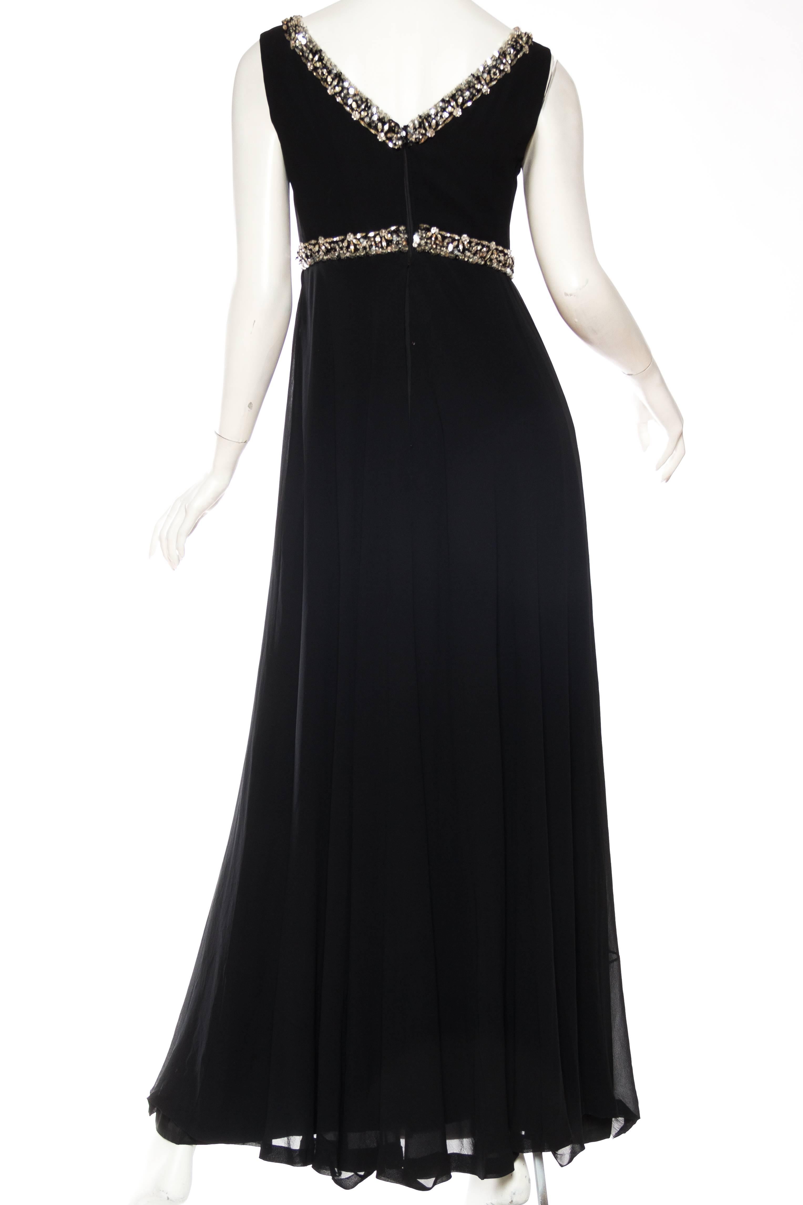 Women's 1970S RETY OF PARIS Black Haute Couture Silk Chiffon Crystal Beaded Empire Wais For Sale