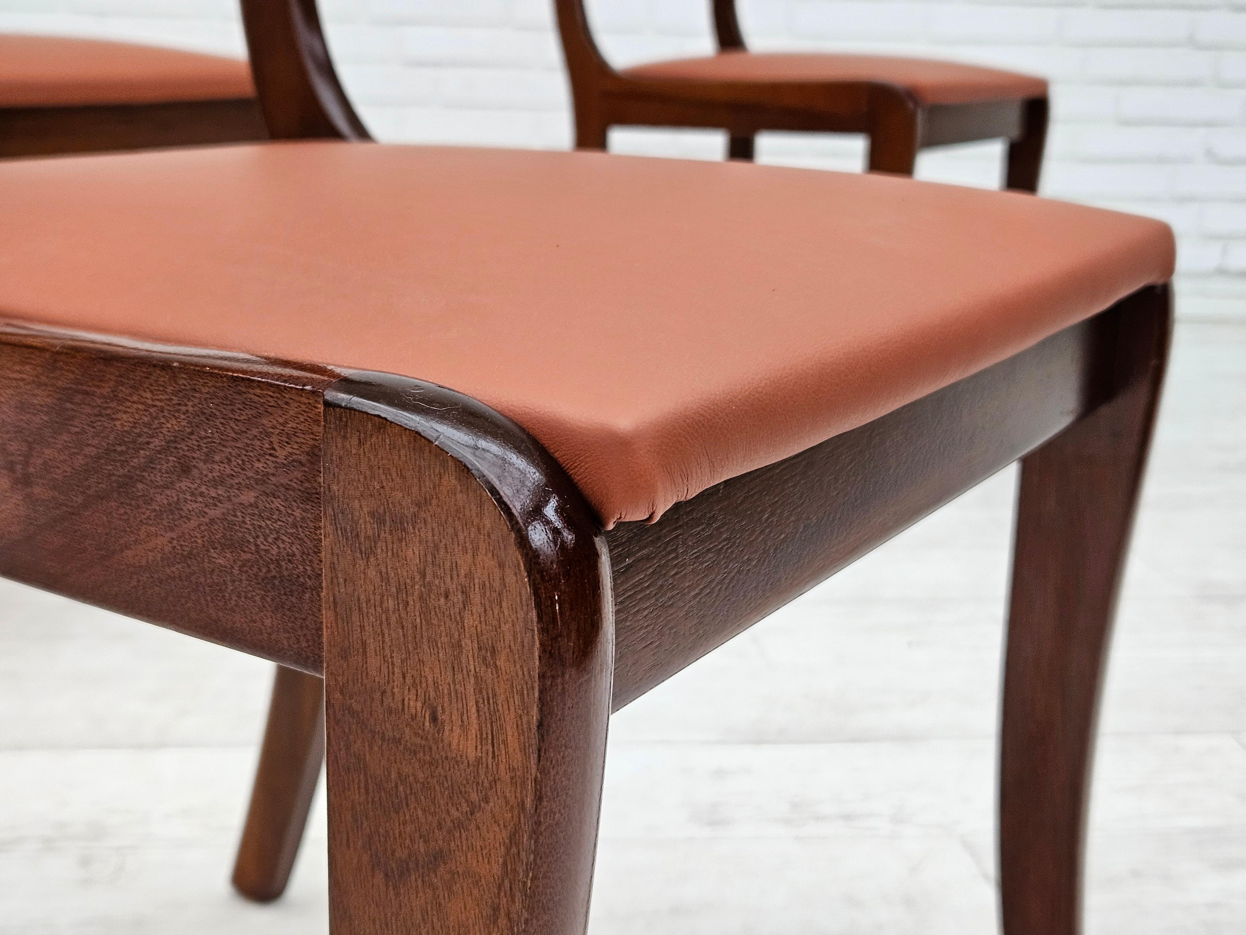 1970s, reupholstered set of 6 pcs Danish dining chairs, teak wood, leather. For Sale 12