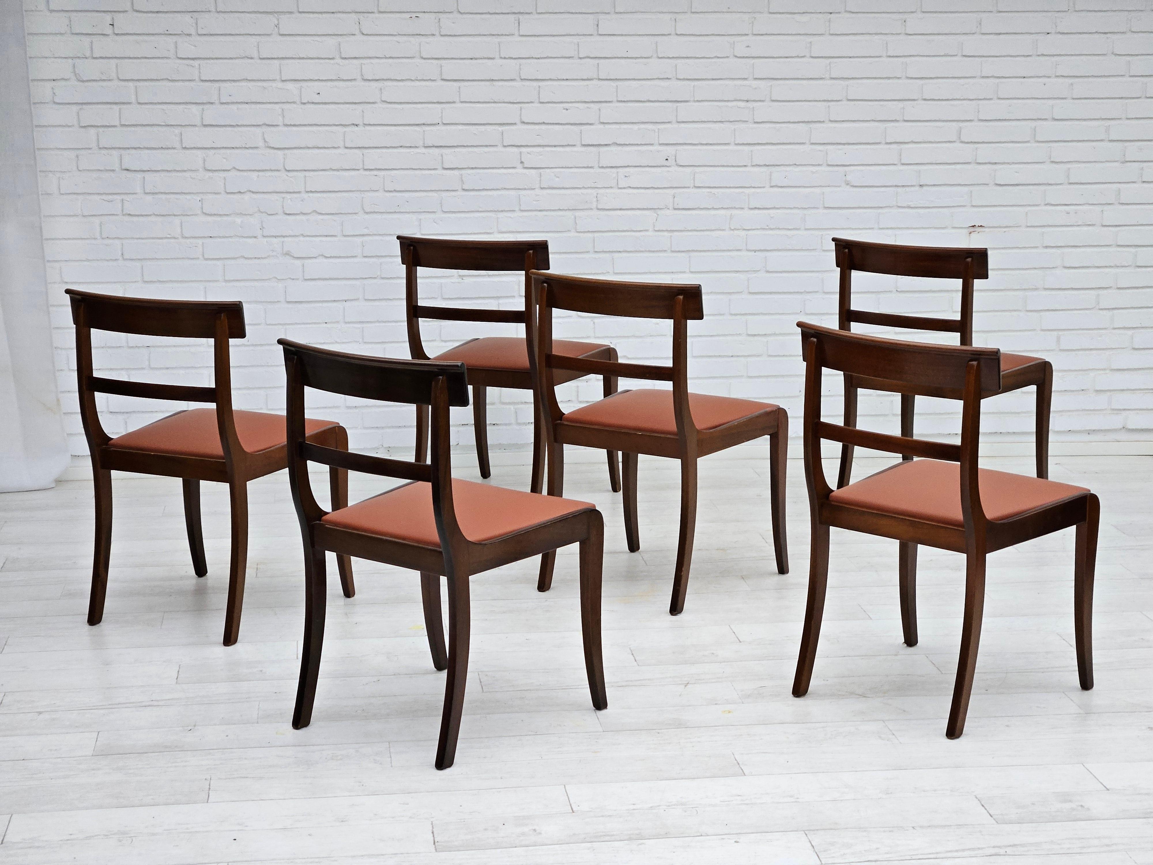 Late 20th Century 1970s, reupholstered set of 6 pcs Danish dining chairs, teak wood, leather. For Sale