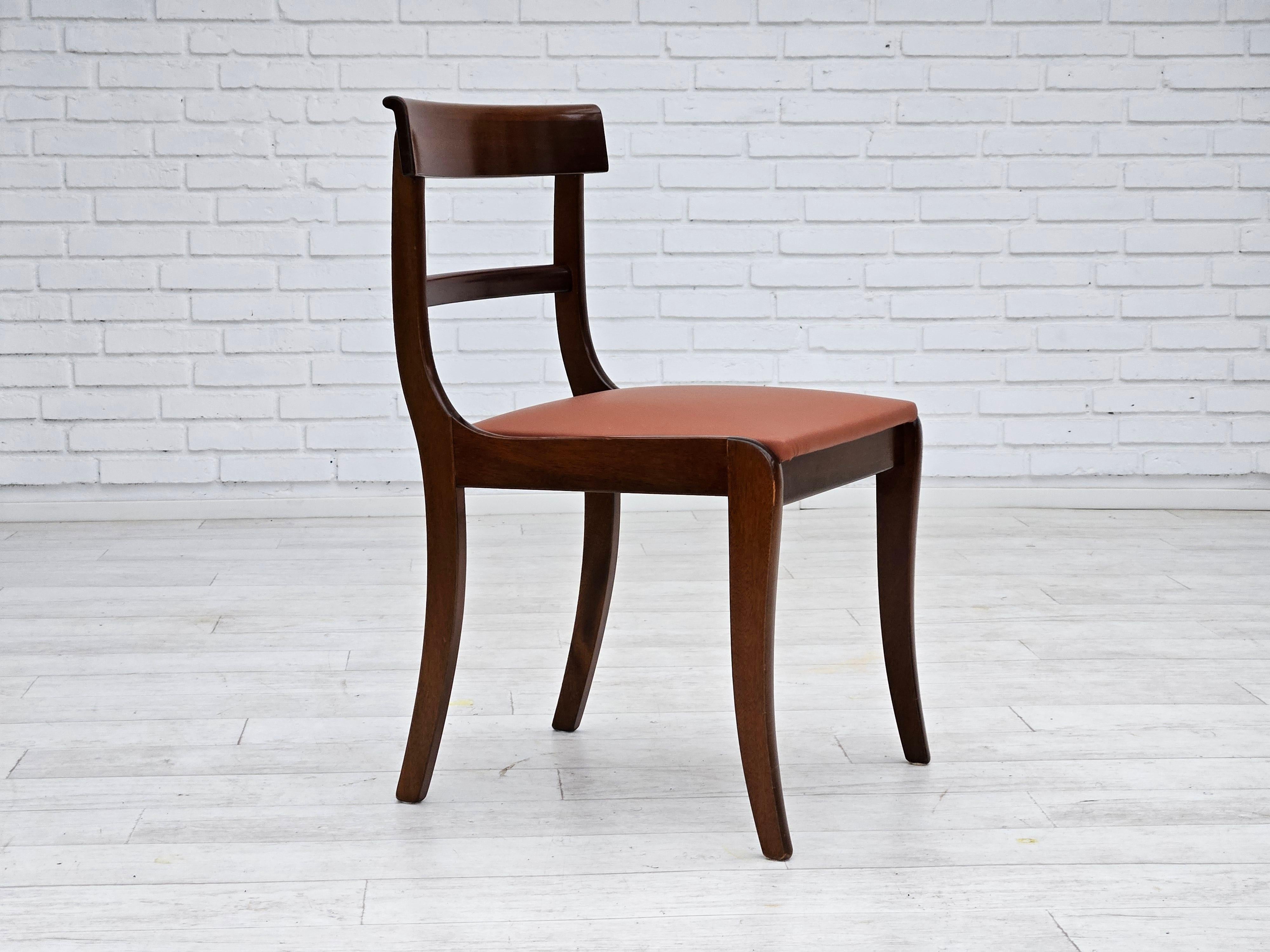 Leather 1970s, reupholstered set of 6 pcs Danish dining chairs, teak wood, leather. For Sale