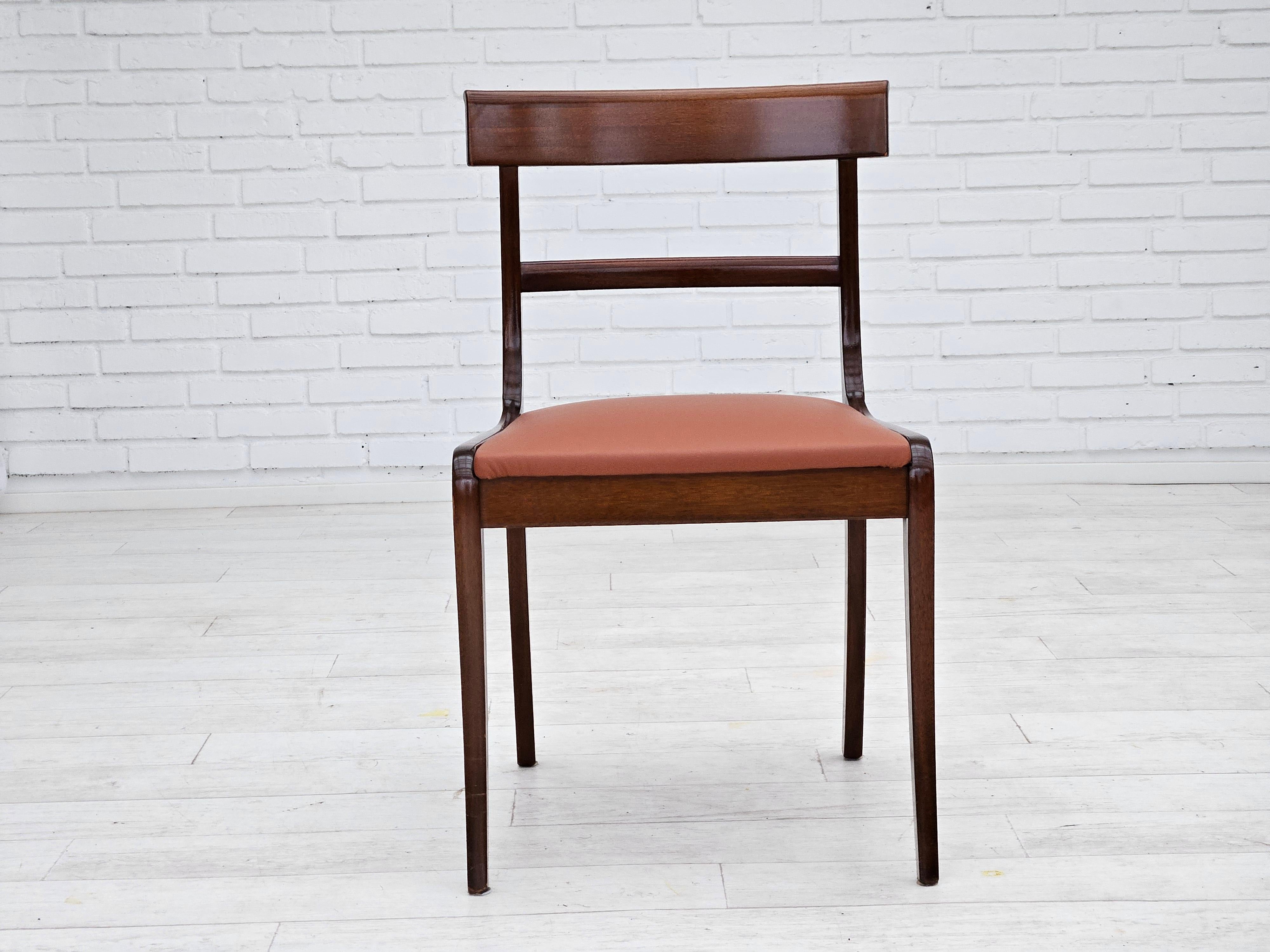 1970s, reupholstered set of 6 pcs Danish dining chairs, teak wood, leather. For Sale 1