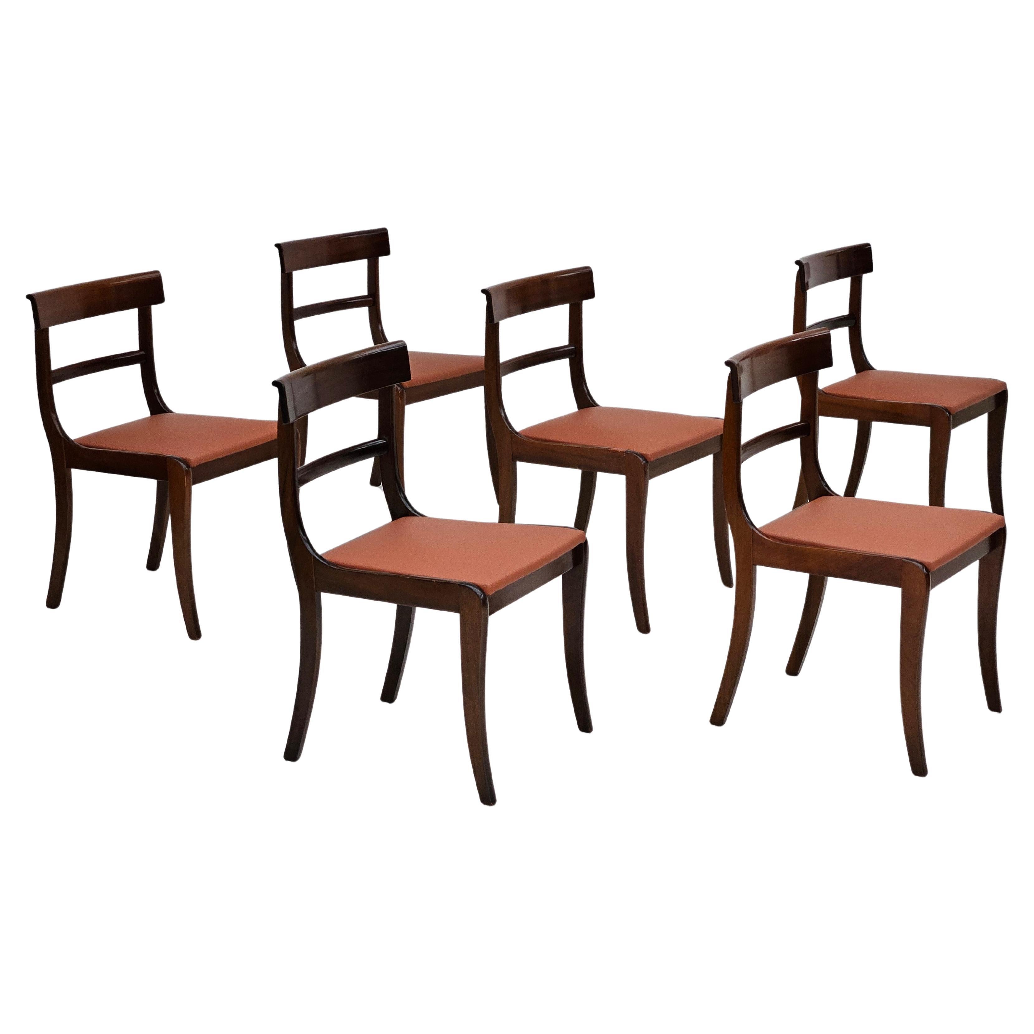 1970s, reupholstered set of 6 pcs Danish dining chairs, teak wood, leather. For Sale