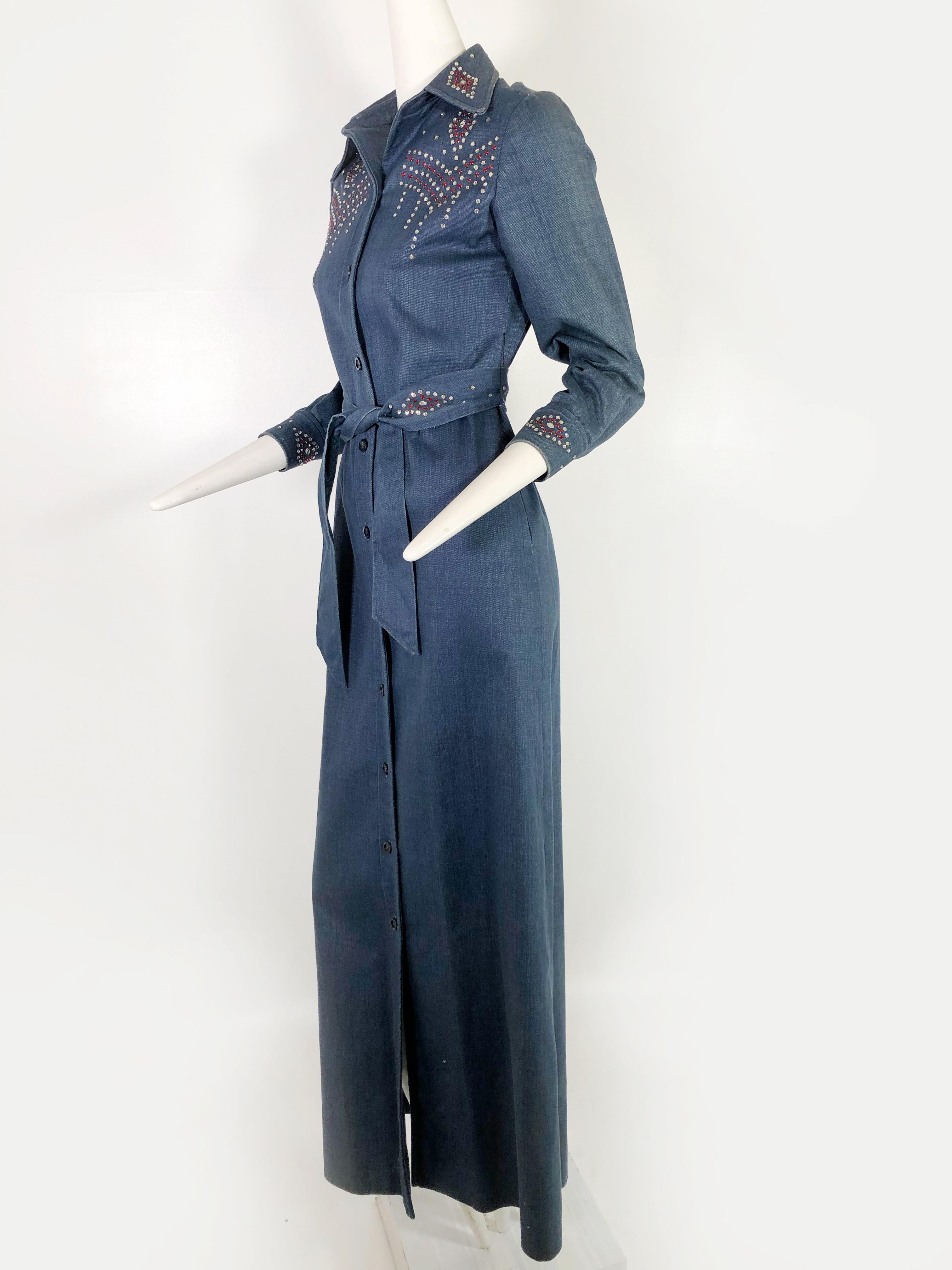 Black 1970's Rhinestone Studded Denim Maxi Coat Dress  For Sale