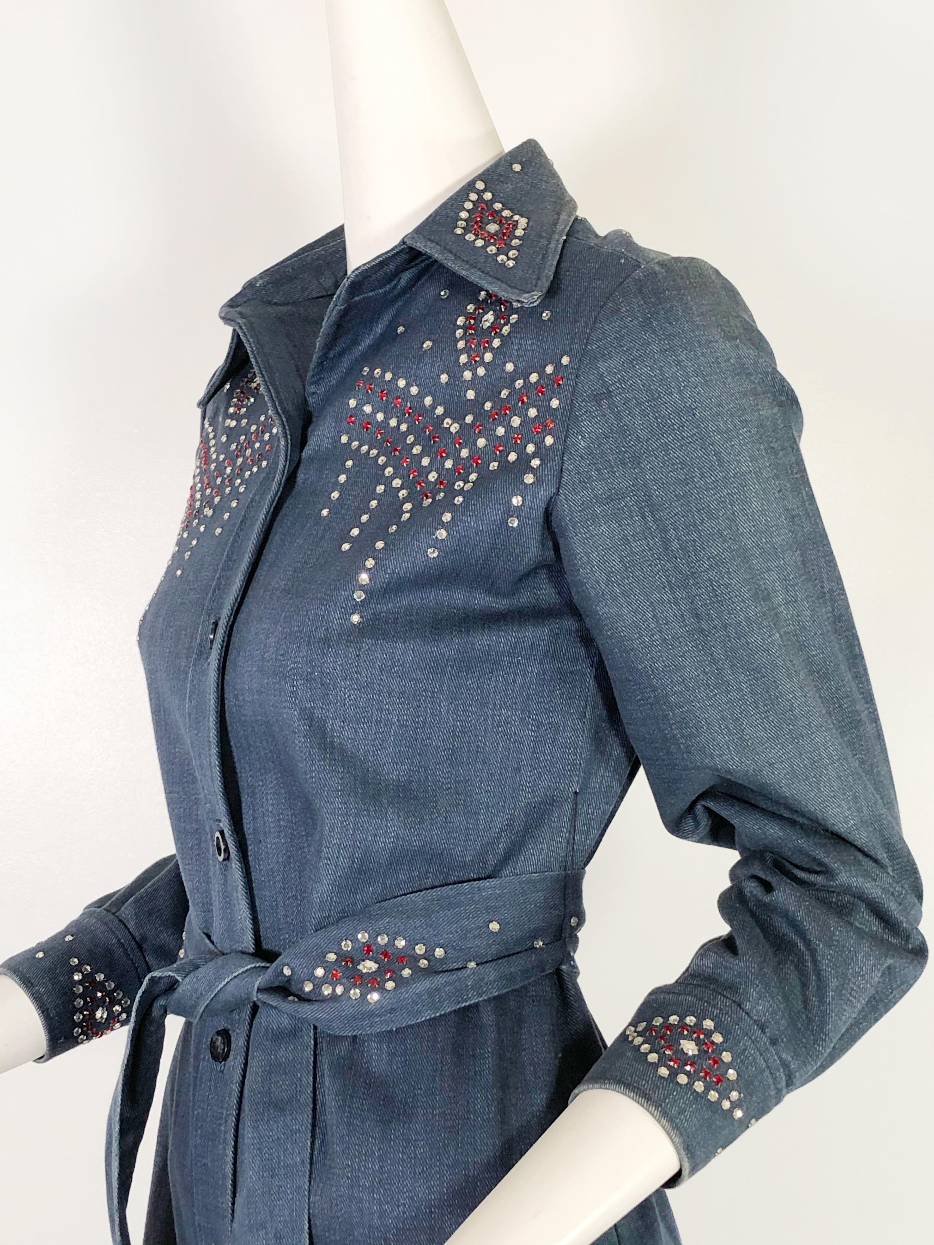1970's Rhinestone Studded Denim Maxi Coat Dress  In Excellent Condition For Sale In Gresham, OR