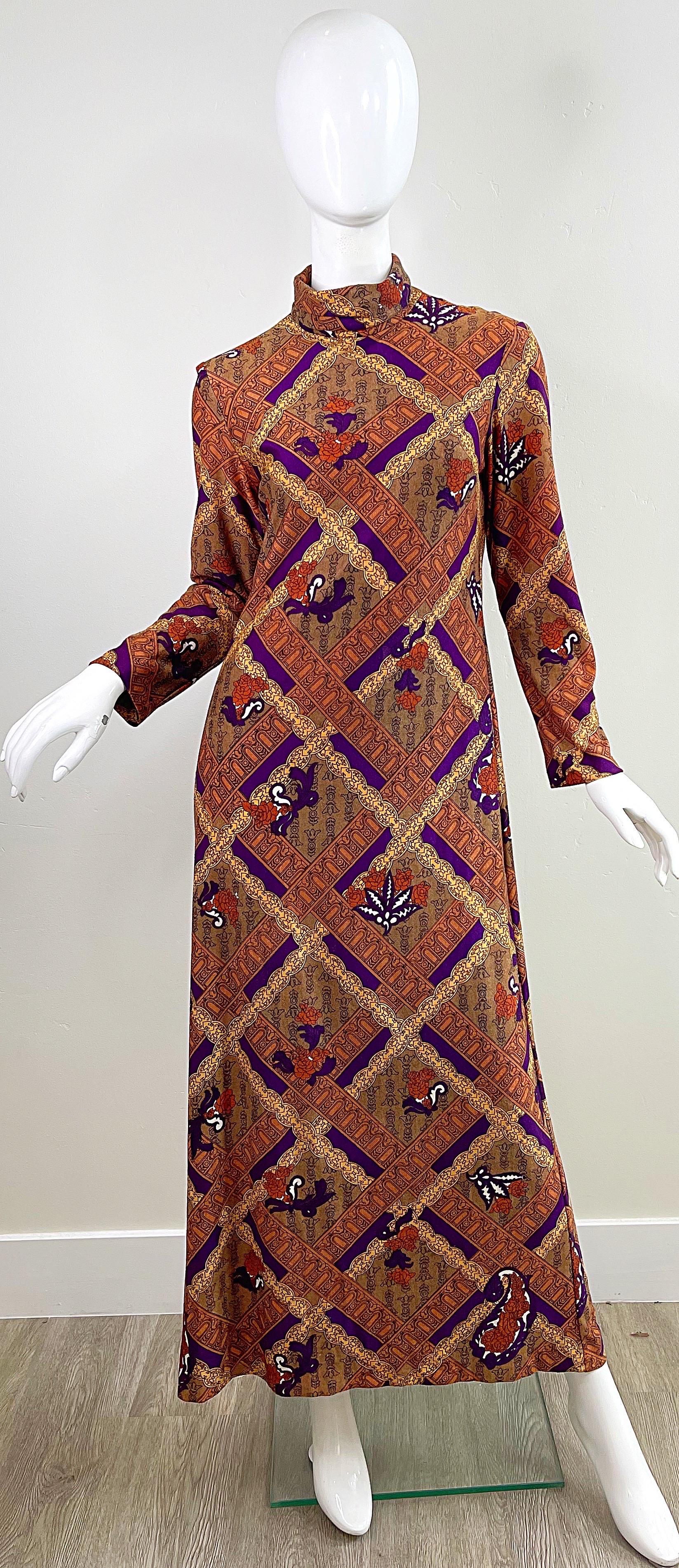 1970s Rhonda Roy Abstract Print Mock Neck Long Sleeve Vintage 70s Maxi Dress For Sale 8