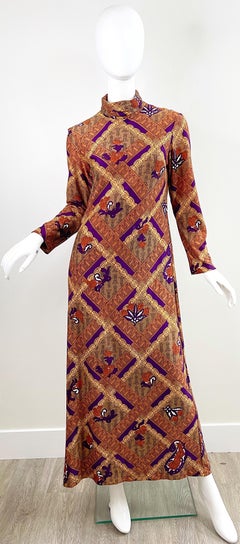 1970s Rhonda Roy Abstract Print Mock Neck Long Sleeve Vintage 70s Maxi Dress