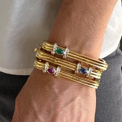 1970's Ribbed Stackable 18k Yellow Gold Bracelets Emerald Ruby Sapphire Diamond