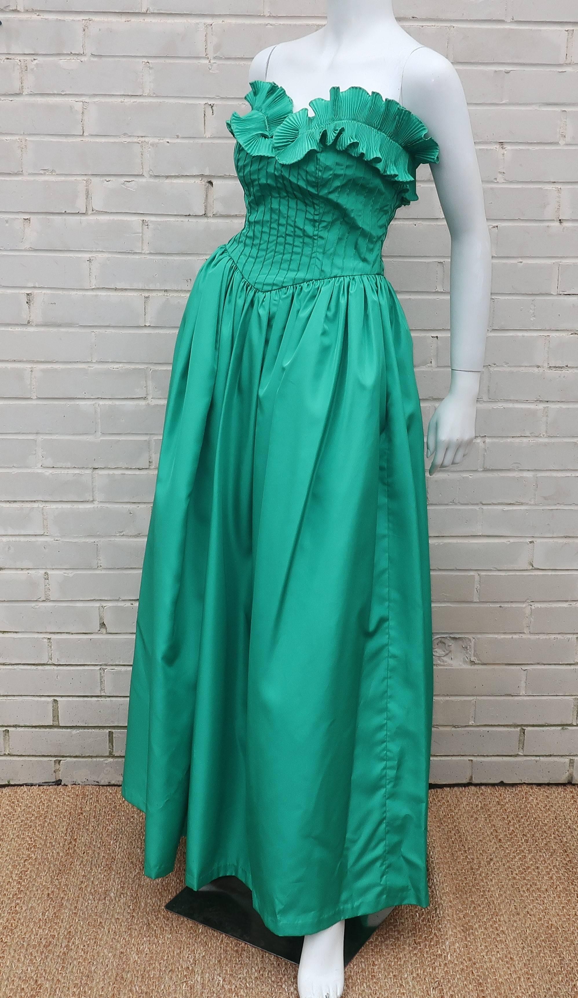 Women's Richilene Green Taffeta Strapless Evening Dress, 1970’s