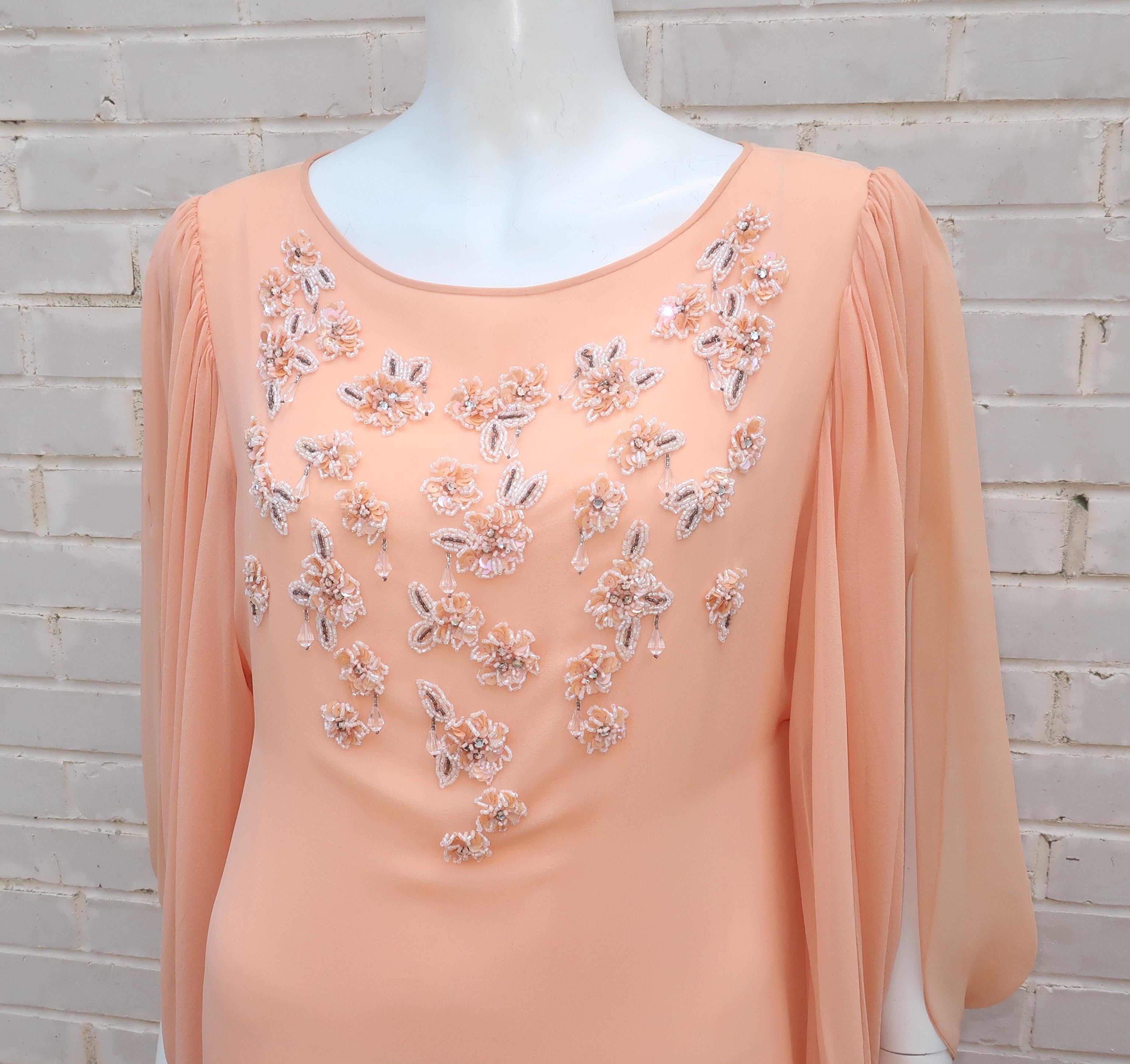 1970's Richilene Silk Chiffon Beaded Goddess Evening Dress 5