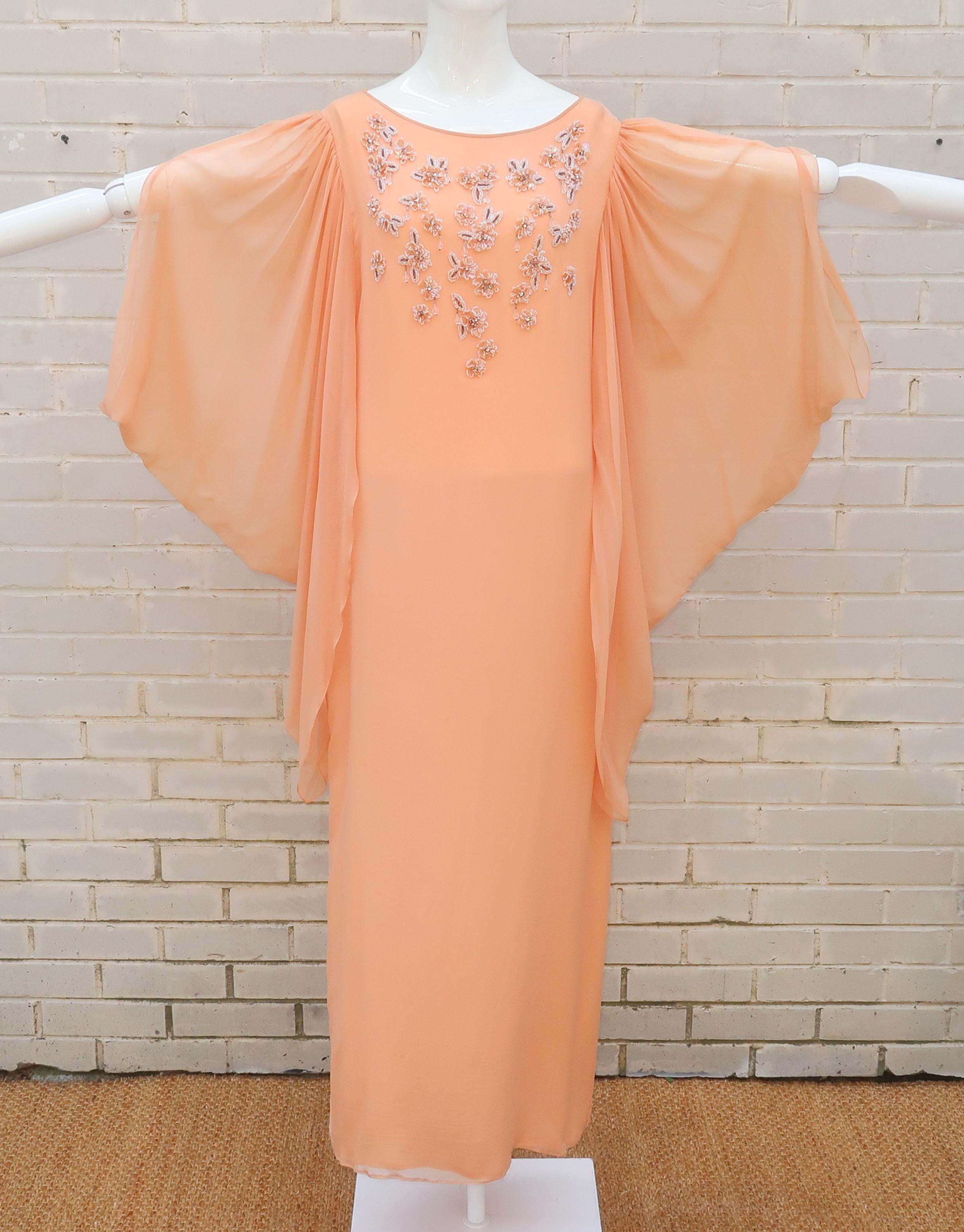 1970's Richilene Silk Chiffon Beaded Goddess Evening Dress 6