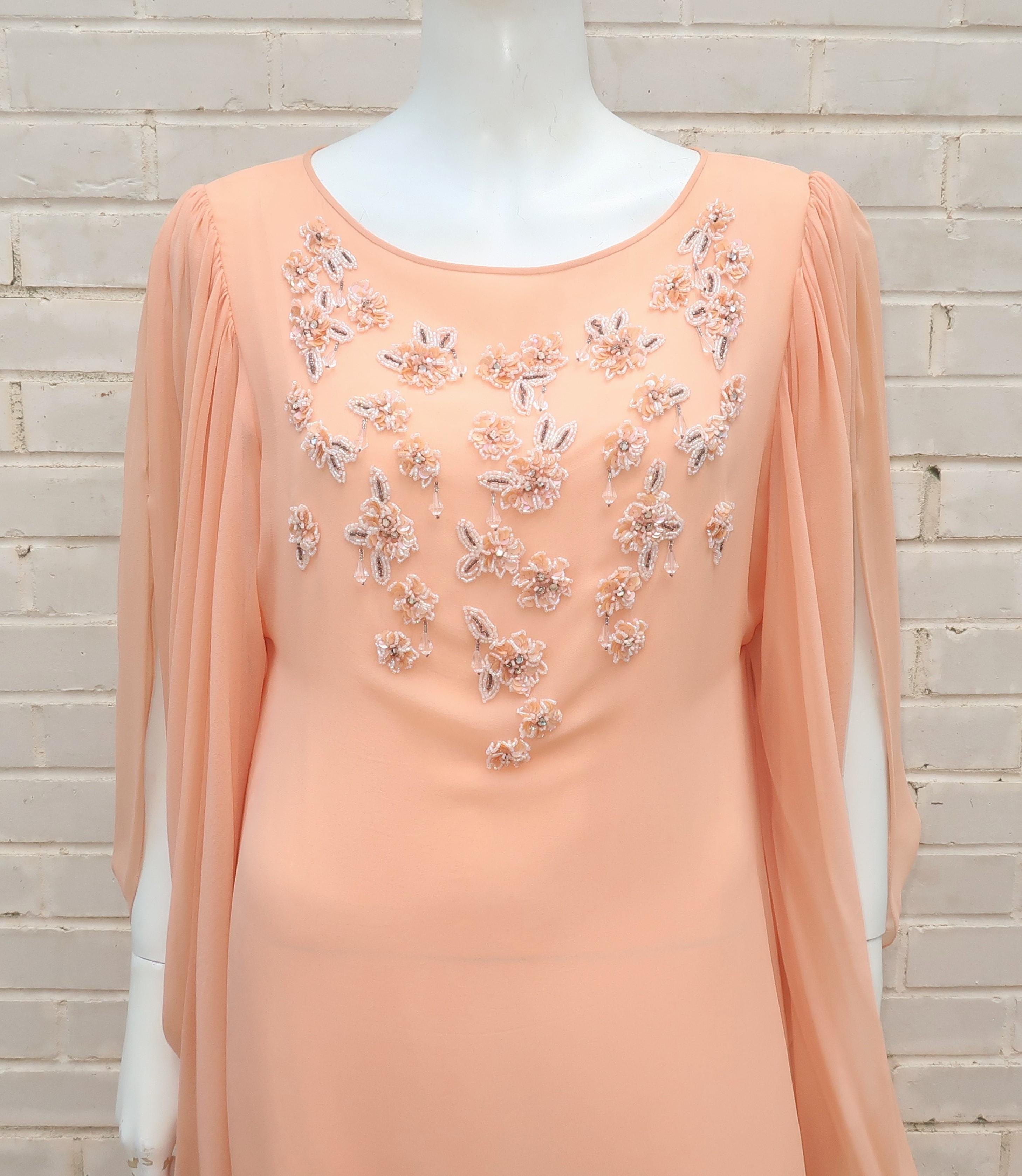 Brown 1970's Richilene Silk Chiffon Beaded Goddess Evening Dress