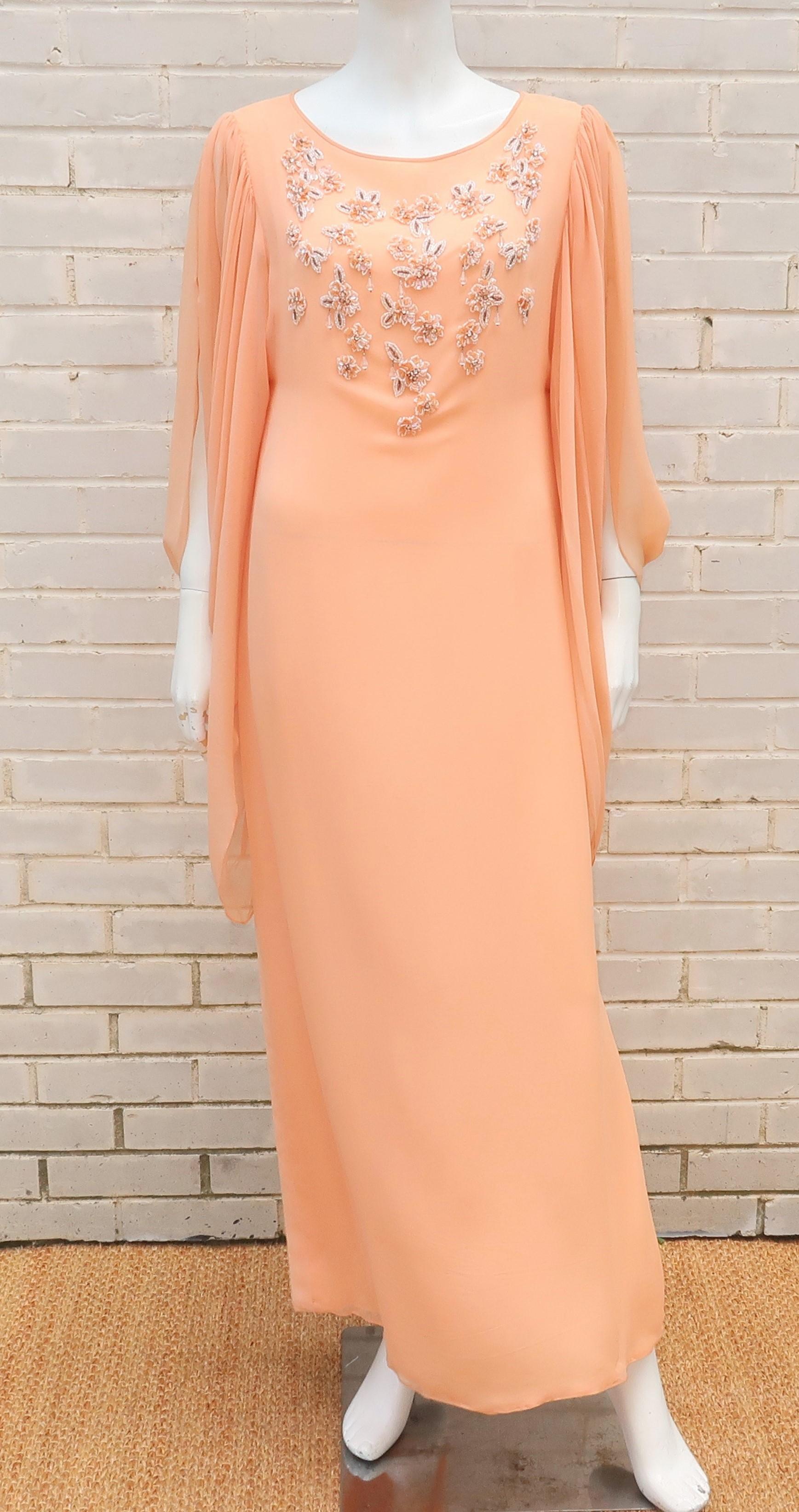 1970's Richilene Silk Chiffon Beaded Goddess Evening Dress In Good Condition In Atlanta, GA