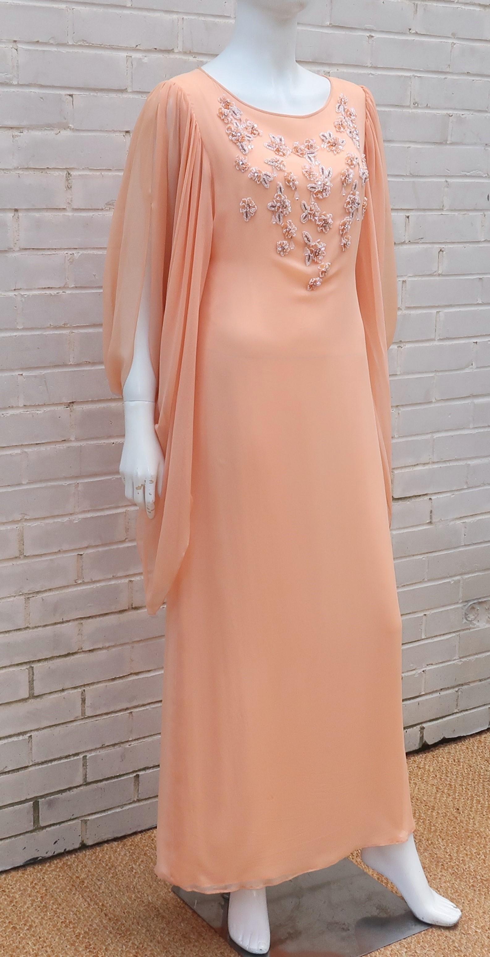 Women's 1970's Richilene Silk Chiffon Beaded Goddess Evening Dress