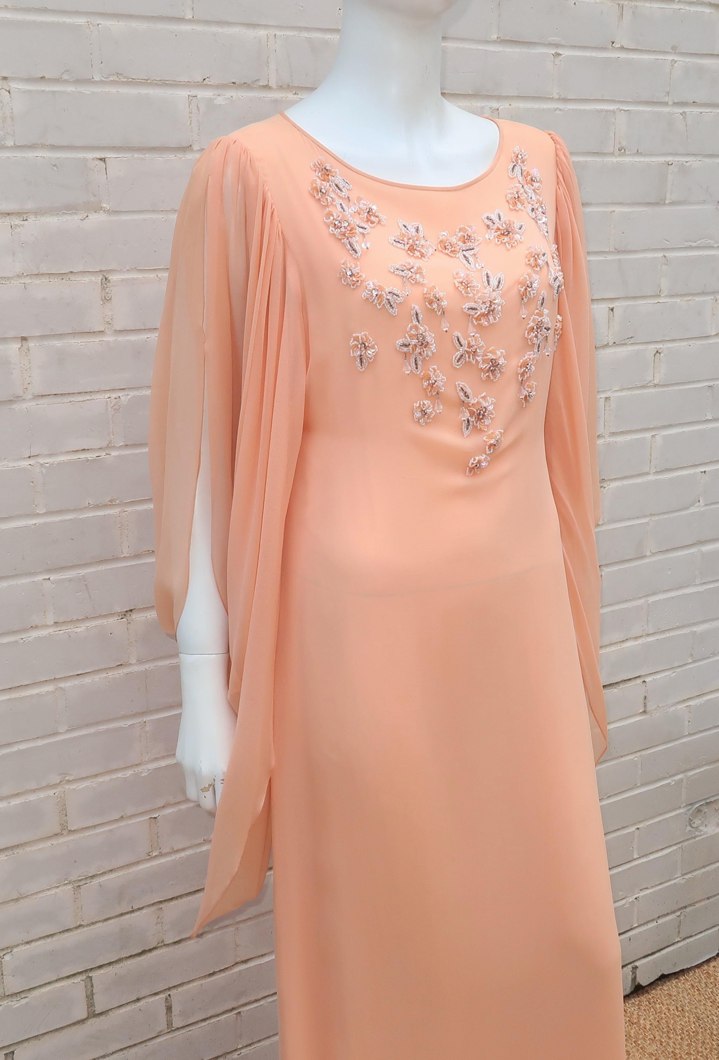 1970's Richilene Silk Chiffon Beaded Goddess Evening Dress 1