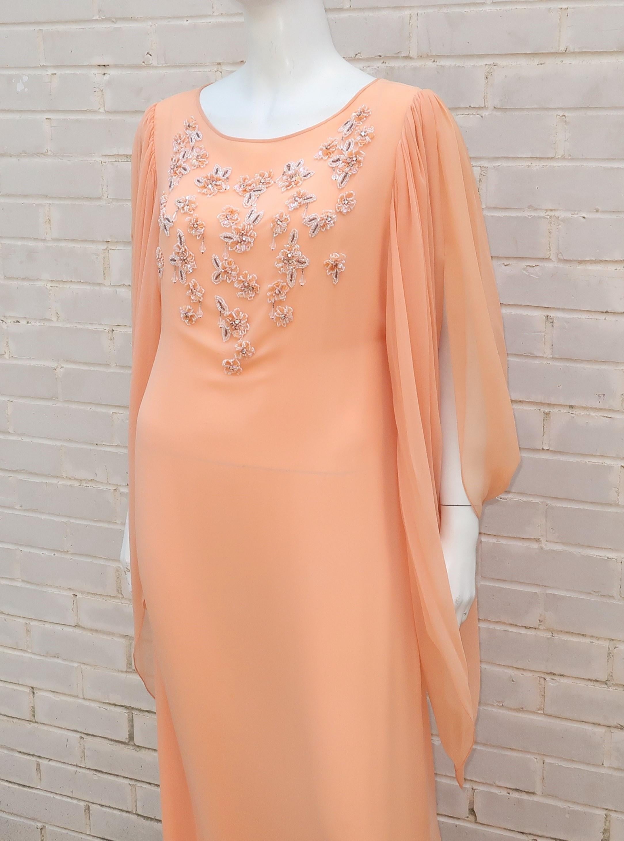 1970's Richilene Silk Chiffon Beaded Goddess Evening Dress 2