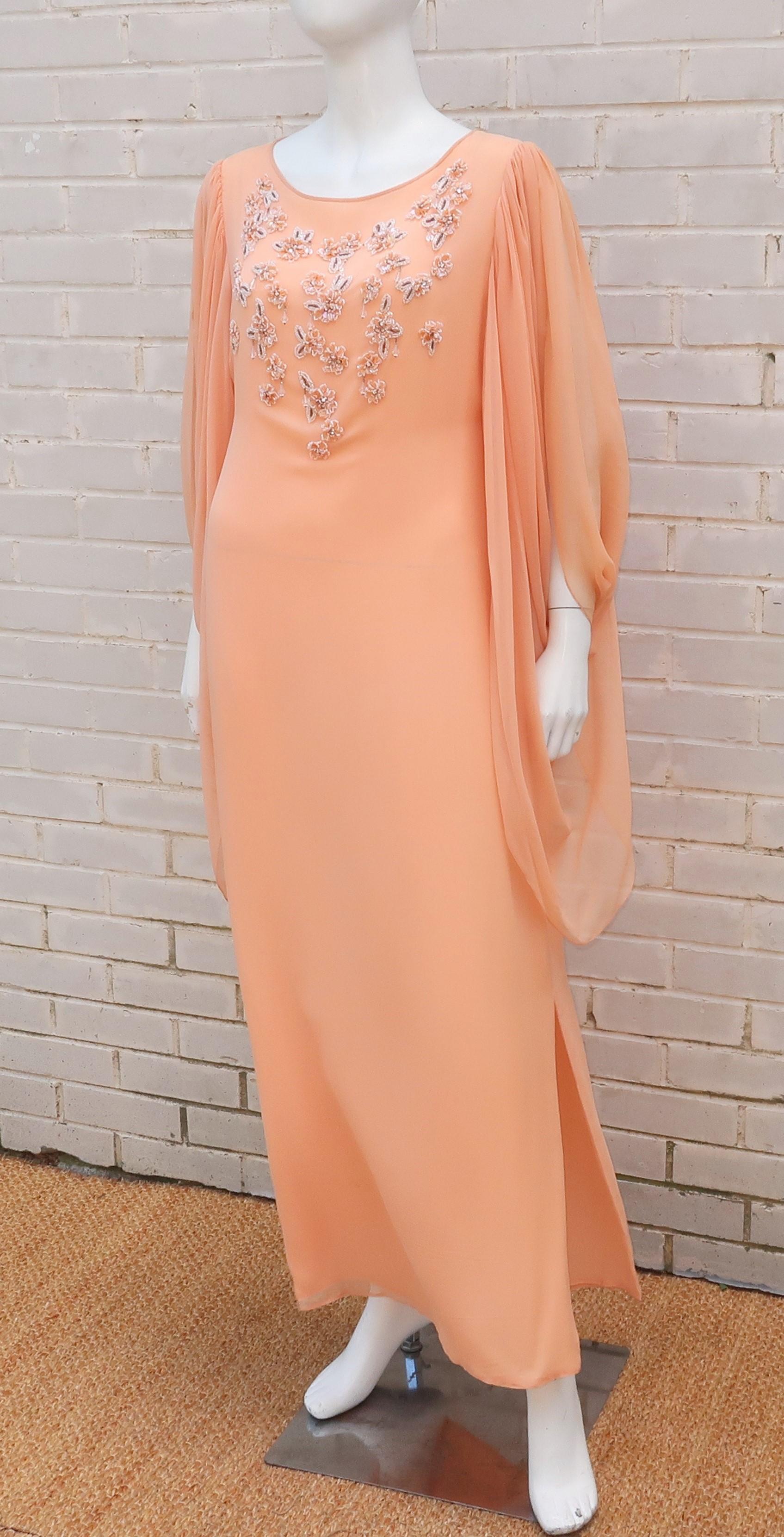 1970's Richilene Silk Chiffon Beaded Goddess Evening Dress 3