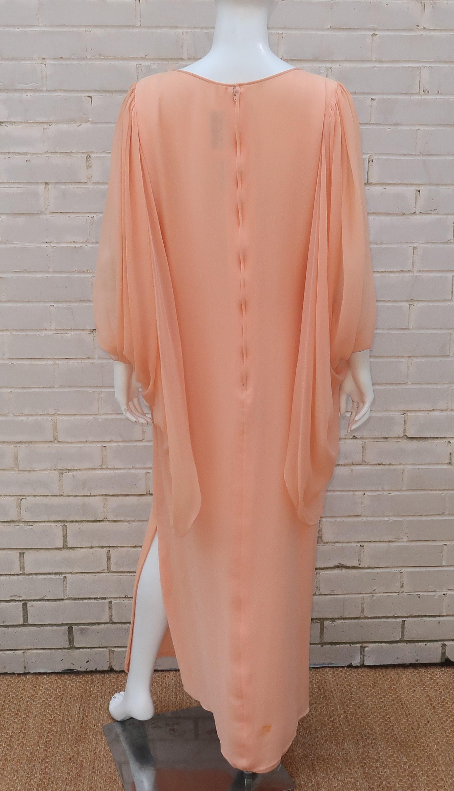 1970's Richilene Silk Chiffon Beaded Goddess Evening Dress 4