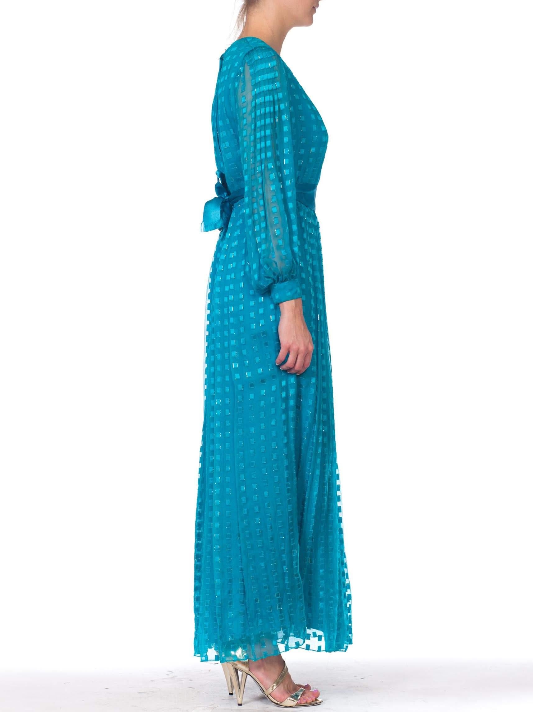 Blue 1970S RICHILENE Teal Silk & Lurex Fil Coupé Semi Formal Long Sleeved Gown With  For Sale