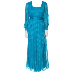 1970S RICHILENE Teal Silk & Lurex Fil Coupé Semi Formal Long Sleeved Gown With