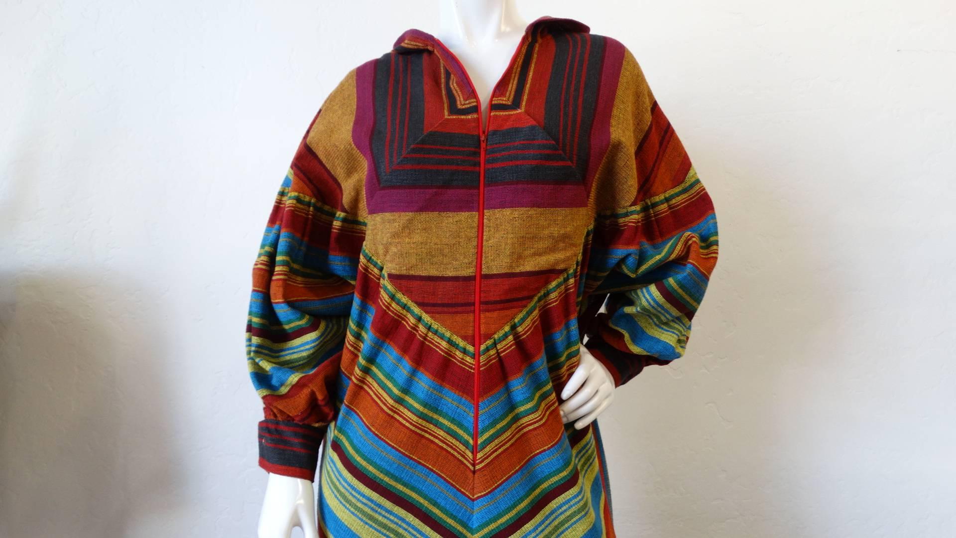 Brown Rikma Rainbow Stripe Hooded Zip Up Dress, 1970s 