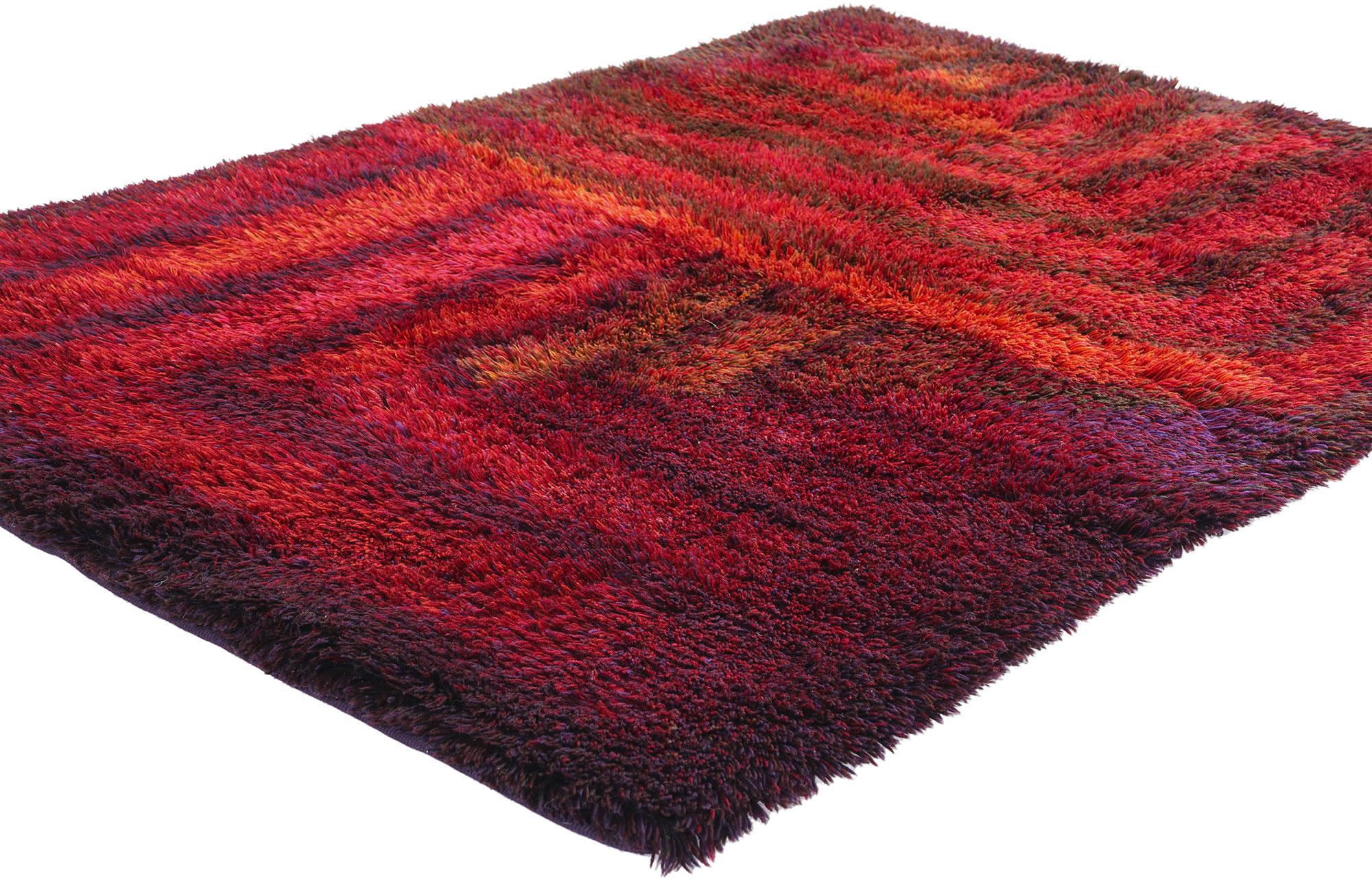 79098 Ritva Puotila Vintage Finnish Rya Ryijy Rug, 04'03 x 06'00. This hand-knotted wool vintage Finnish rya ryijy rug, Flame 1979, by renowned textile artist Ritva Puotila, is a masterpiece of mid-century Scandinavian design. The plush shag rug