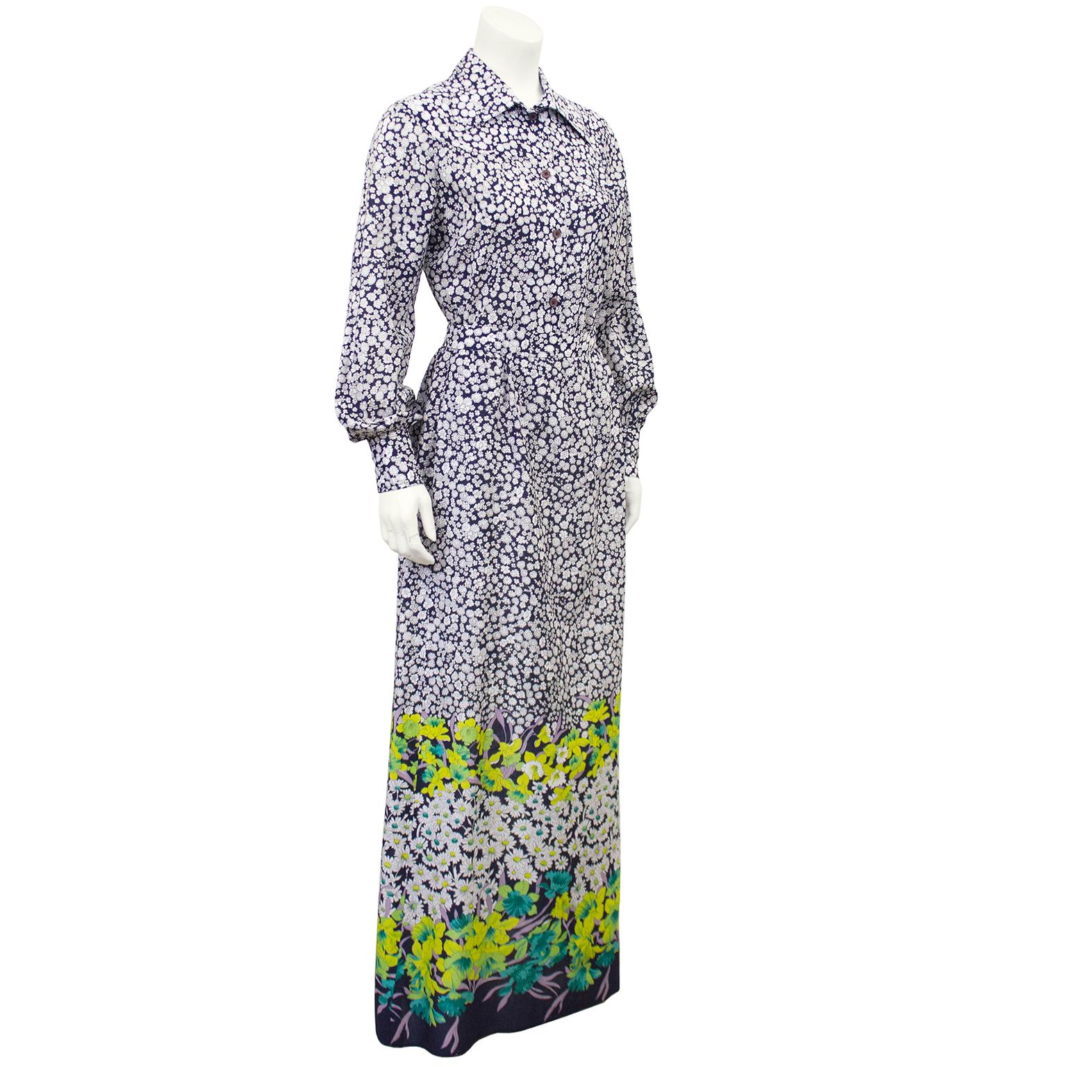 1970s Rizkallah for Malcolm Starr cotton navy, white and green chintz floral printed maxi skirt ensemble. Youssef Rizkallah designed for Malcolm Starr from 1969 to 1975. The long sleeve button down top is navy with an all over chintz print of white