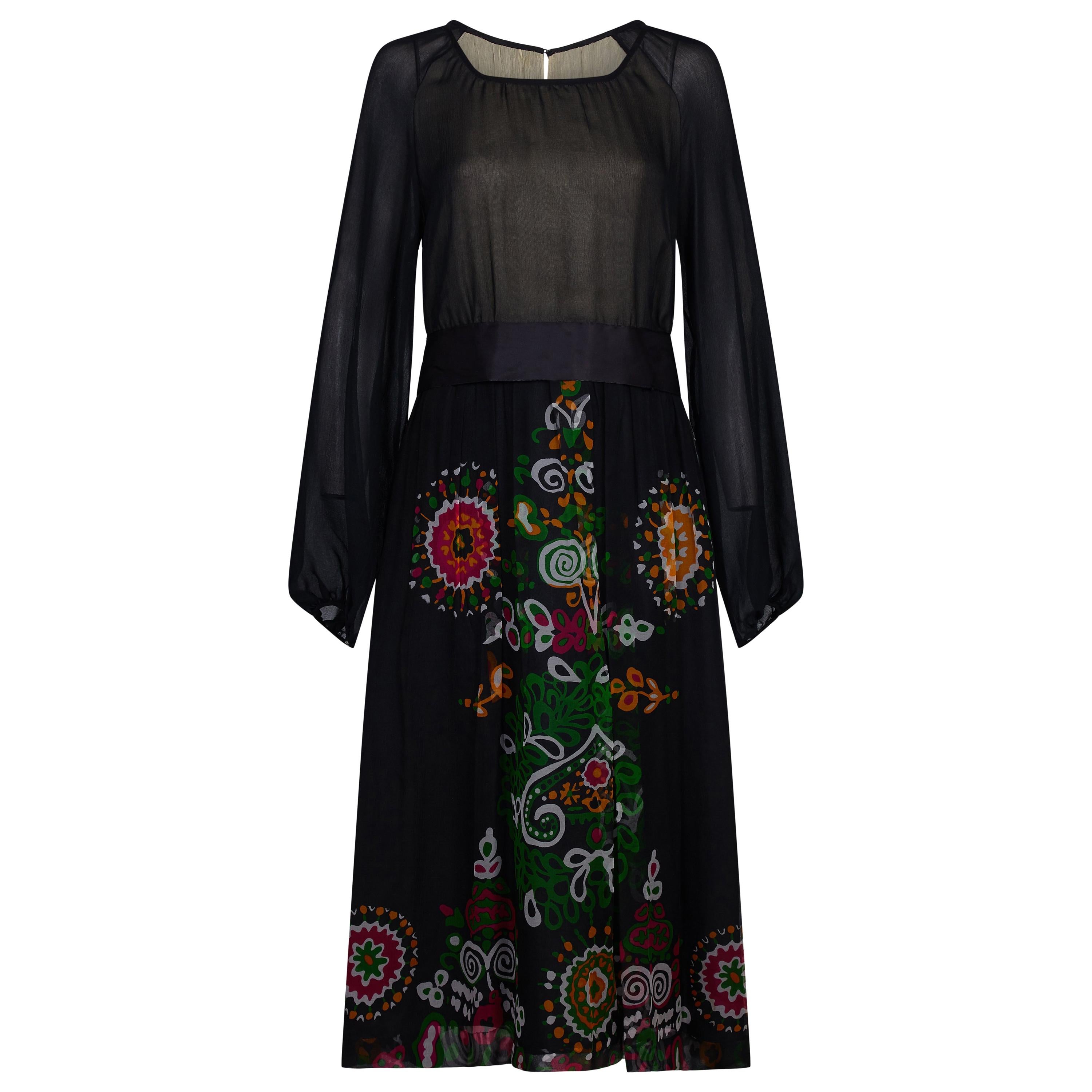 1970s Robell Couture Black Silk Floral Chiffon Dress