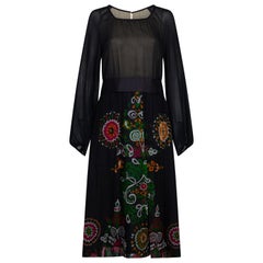 1970s Robell Couture Black Silk Floral Chiffon Dress