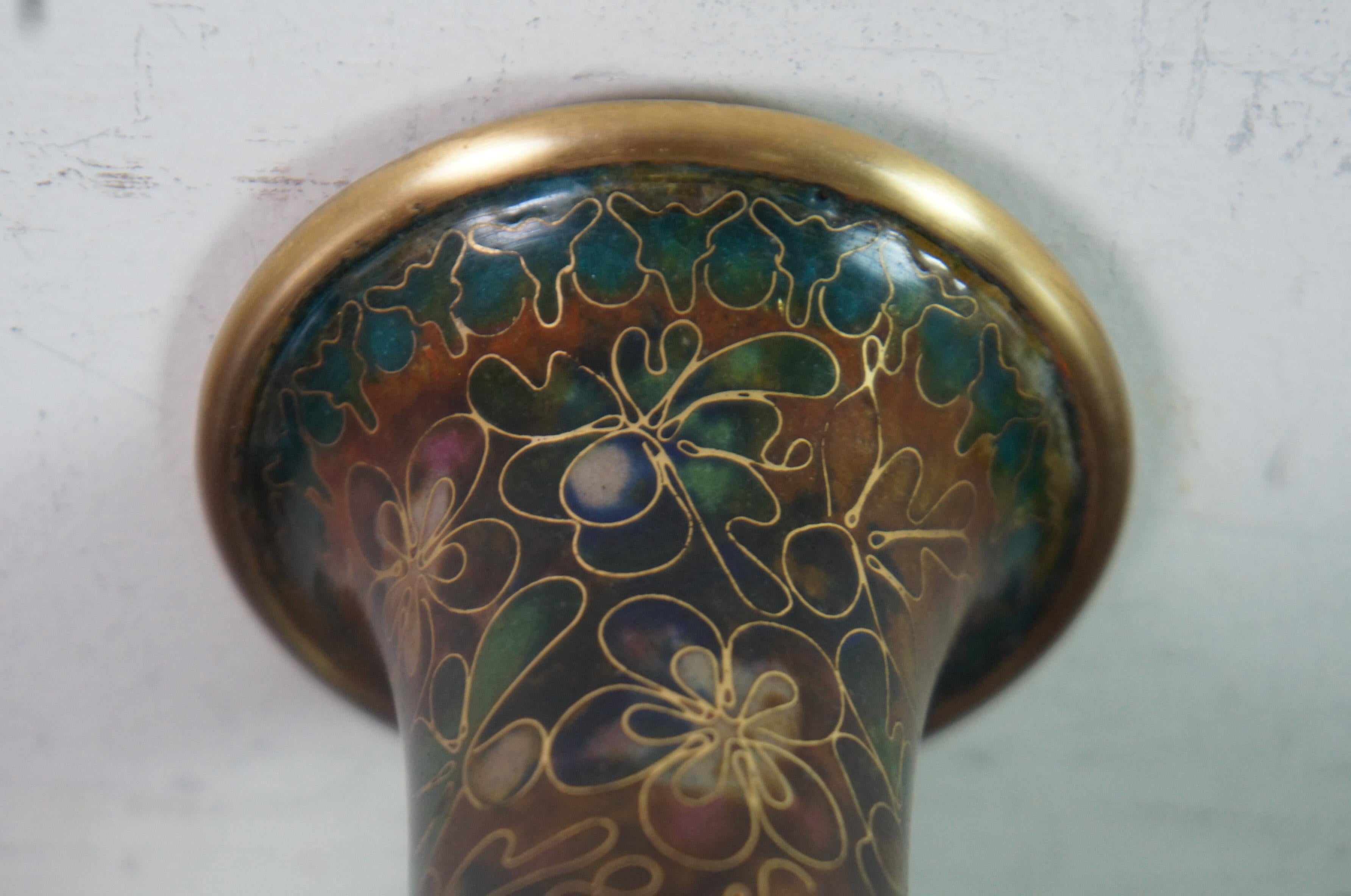 1970s Robert Kuo Brown Floral Enameled Chinese Cloisonne Bud Vase & Stand 4