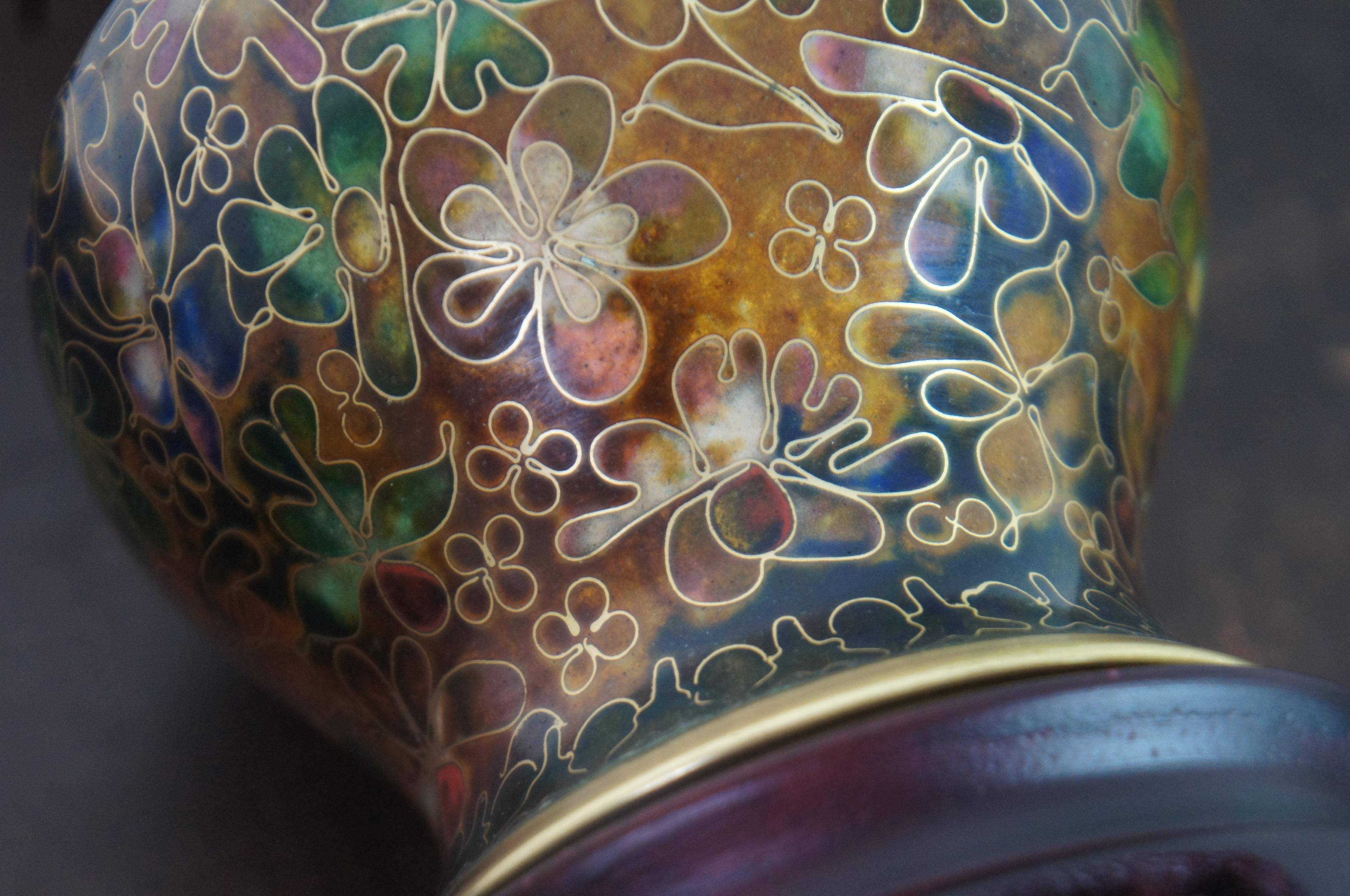 1970s Robert Kuo Brown Floral Enameled Chinese Cloisonne Bud Vase & Stand 5