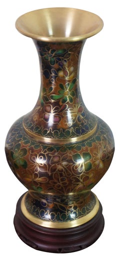 1970s Robert Kuo Brown Floral Enameled Chinese Cloisonne Bud Vase & Stand