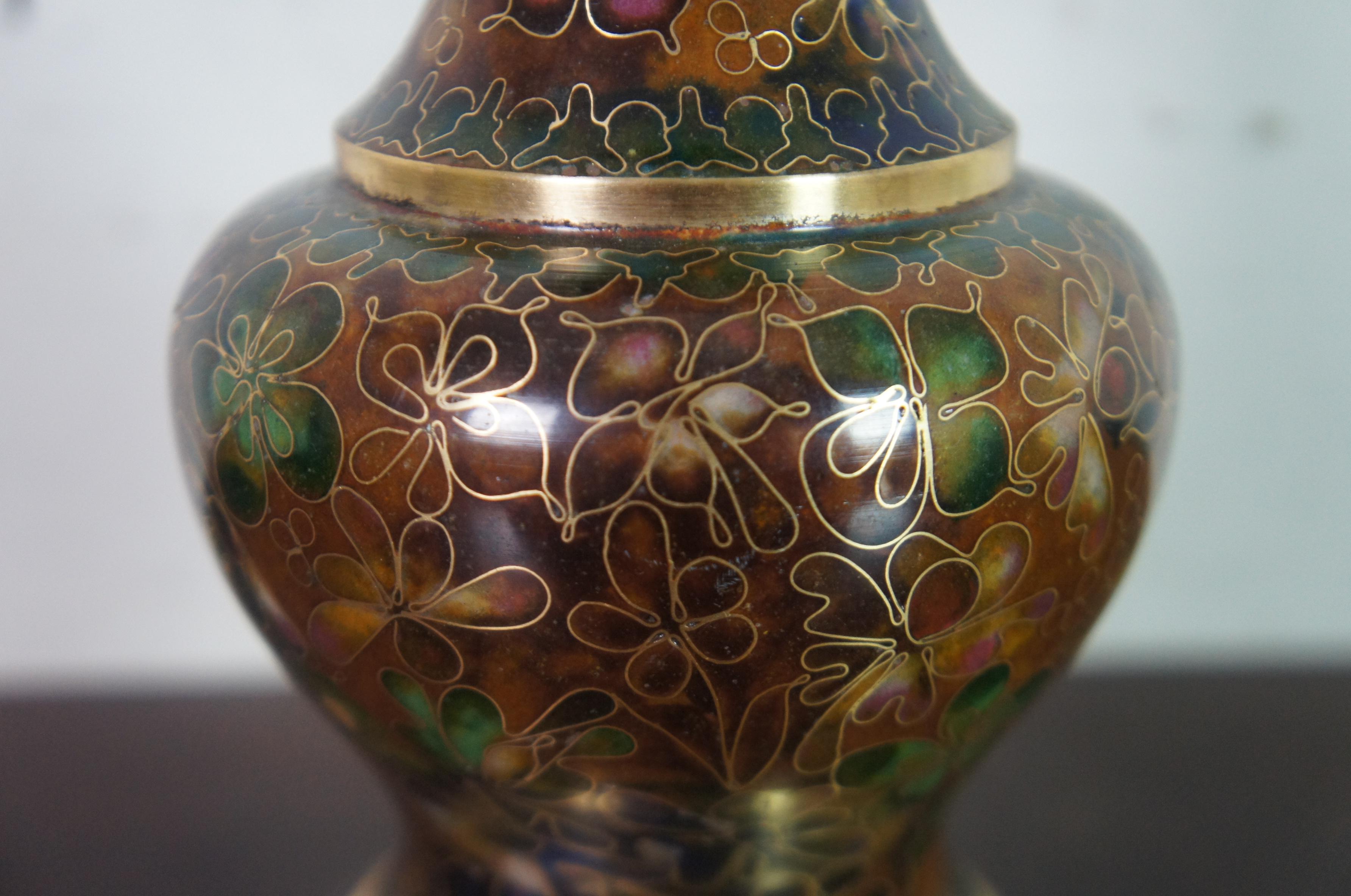 1970s Robert Kuo Brown Floral Enameled Chinese Cloisonne Bud Vase & Stand 1