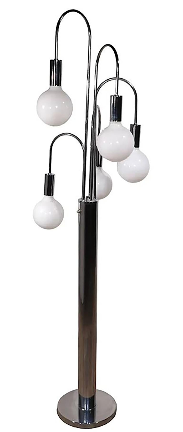 1970s Robert Sonneman Chrome Waterfall Floor Lamp.

This stunning light fixture features five elegantly curved arms that gracefully cascade down from a central cylinder, creating a beautiful waterfall effect.  A single switch operates all five