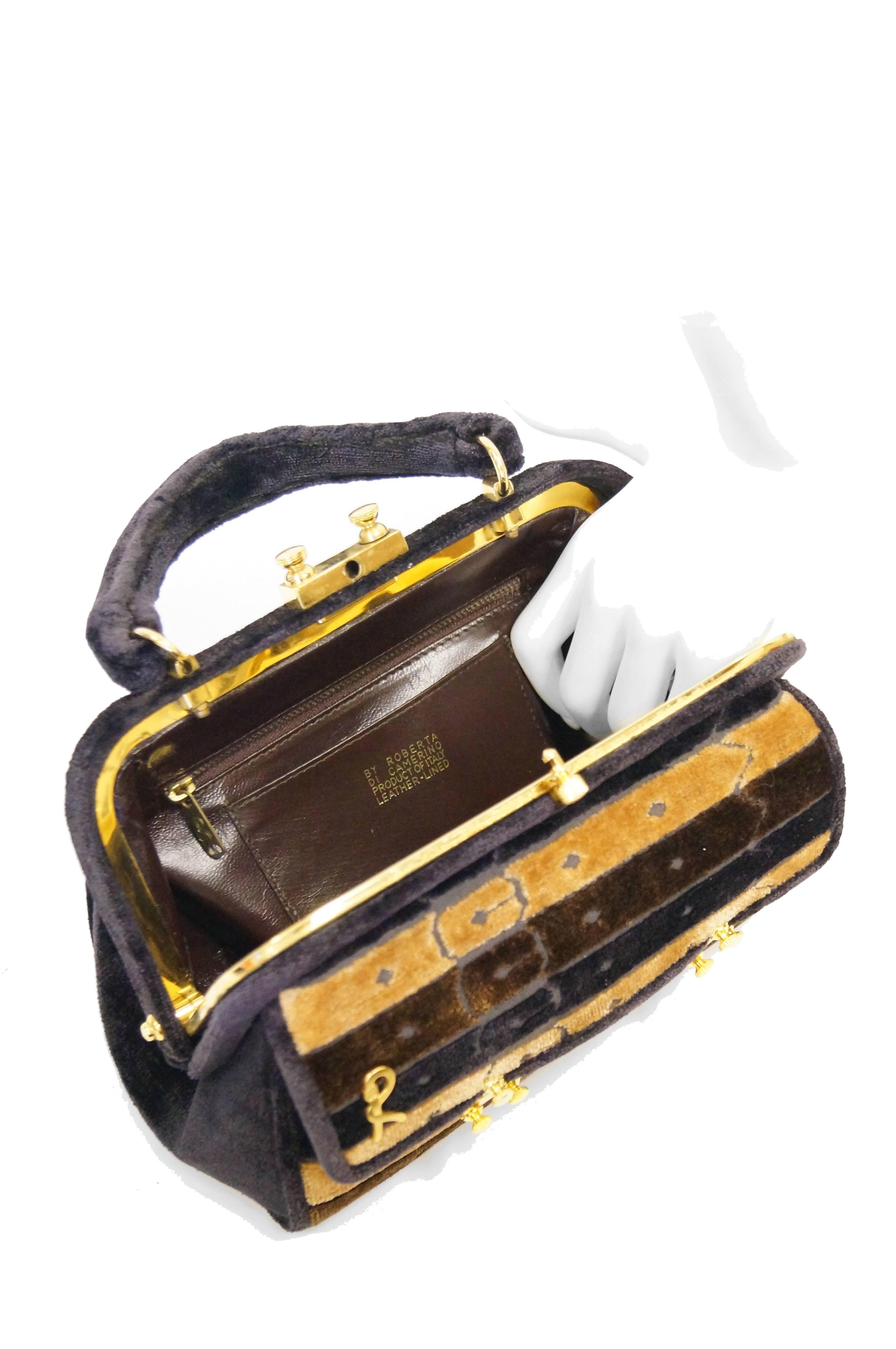 1970s Roberta di Camerino Brown Cut Velvet Belt Detail Handbag For Sale 6