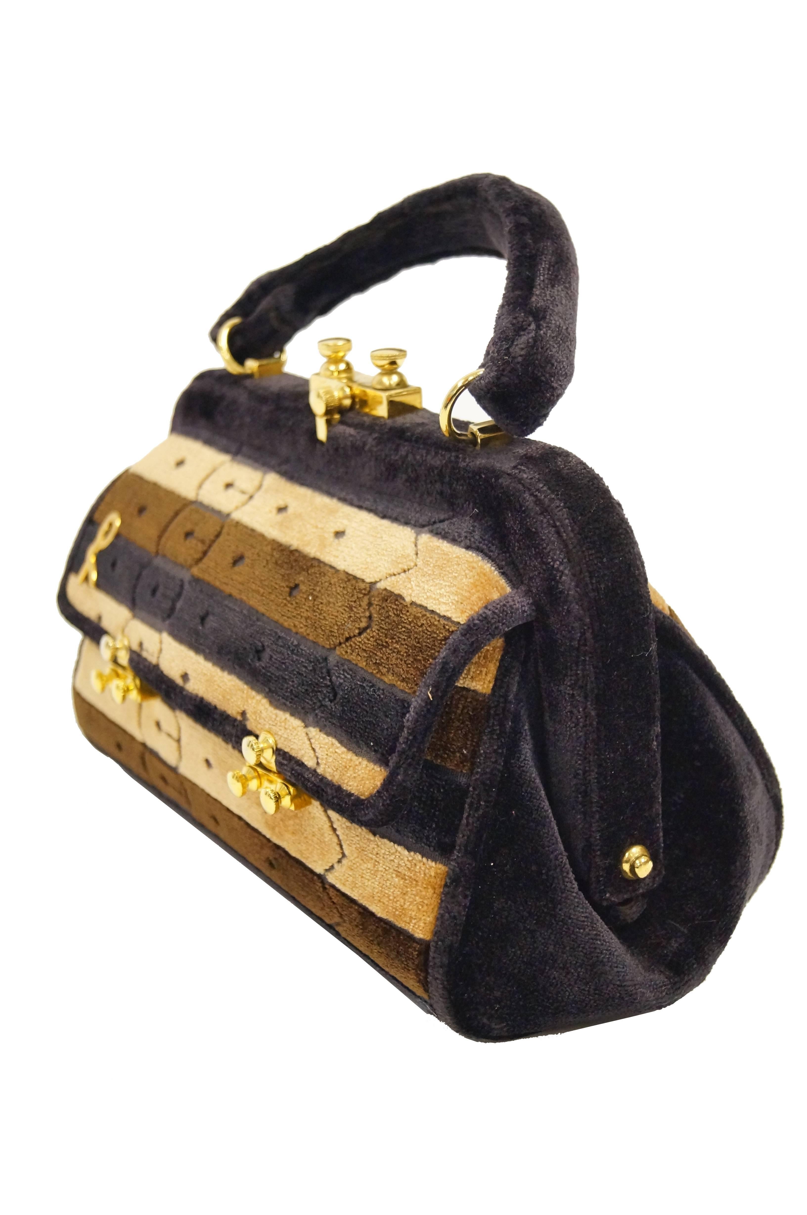 Black 1970s Roberta di Camerino Brown Cut Velvet Belt Detail Handbag For Sale
