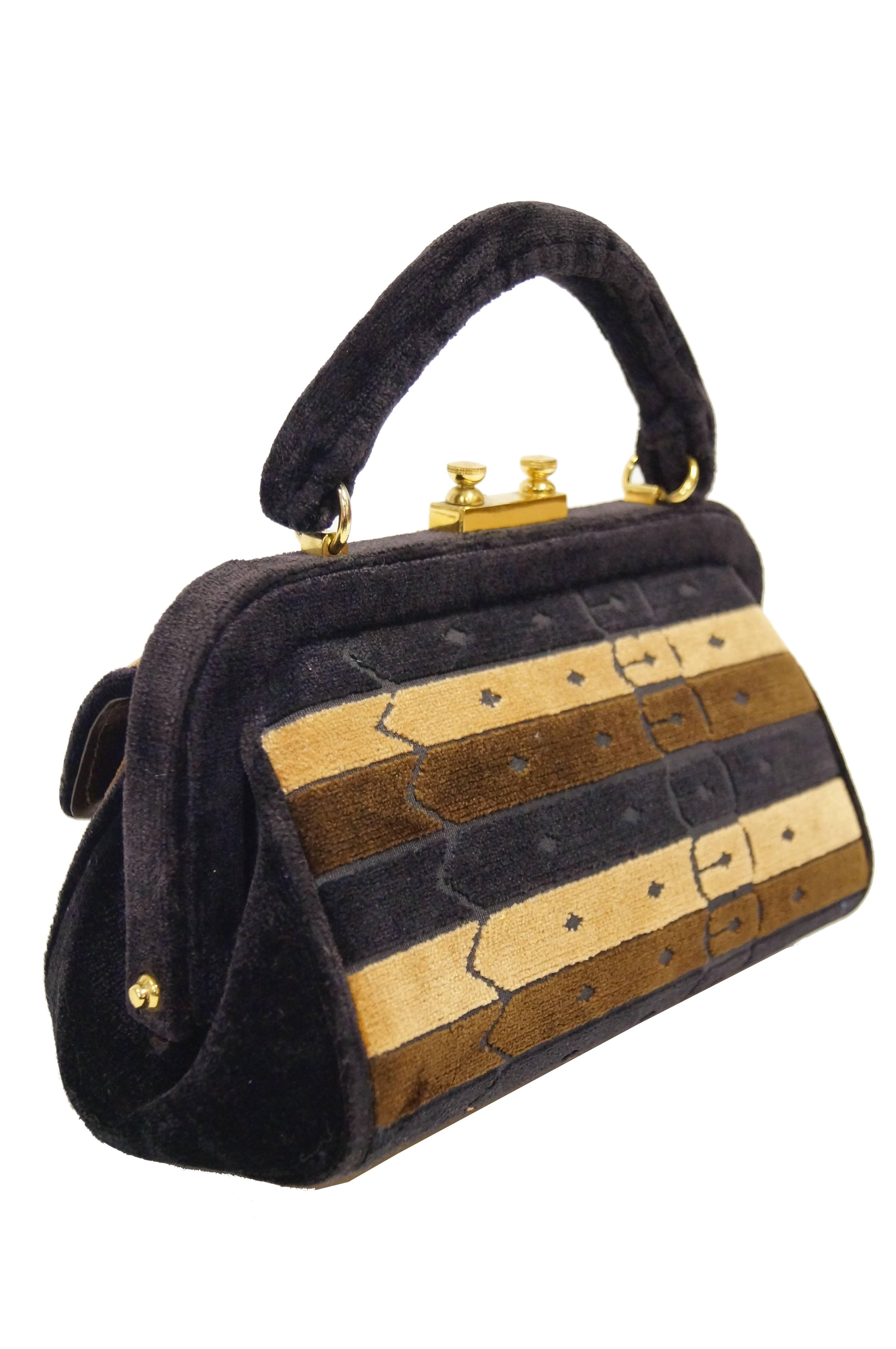 Women's 1970s Roberta di Camerino Brown Cut Velvet Belt Detail Handbag For Sale