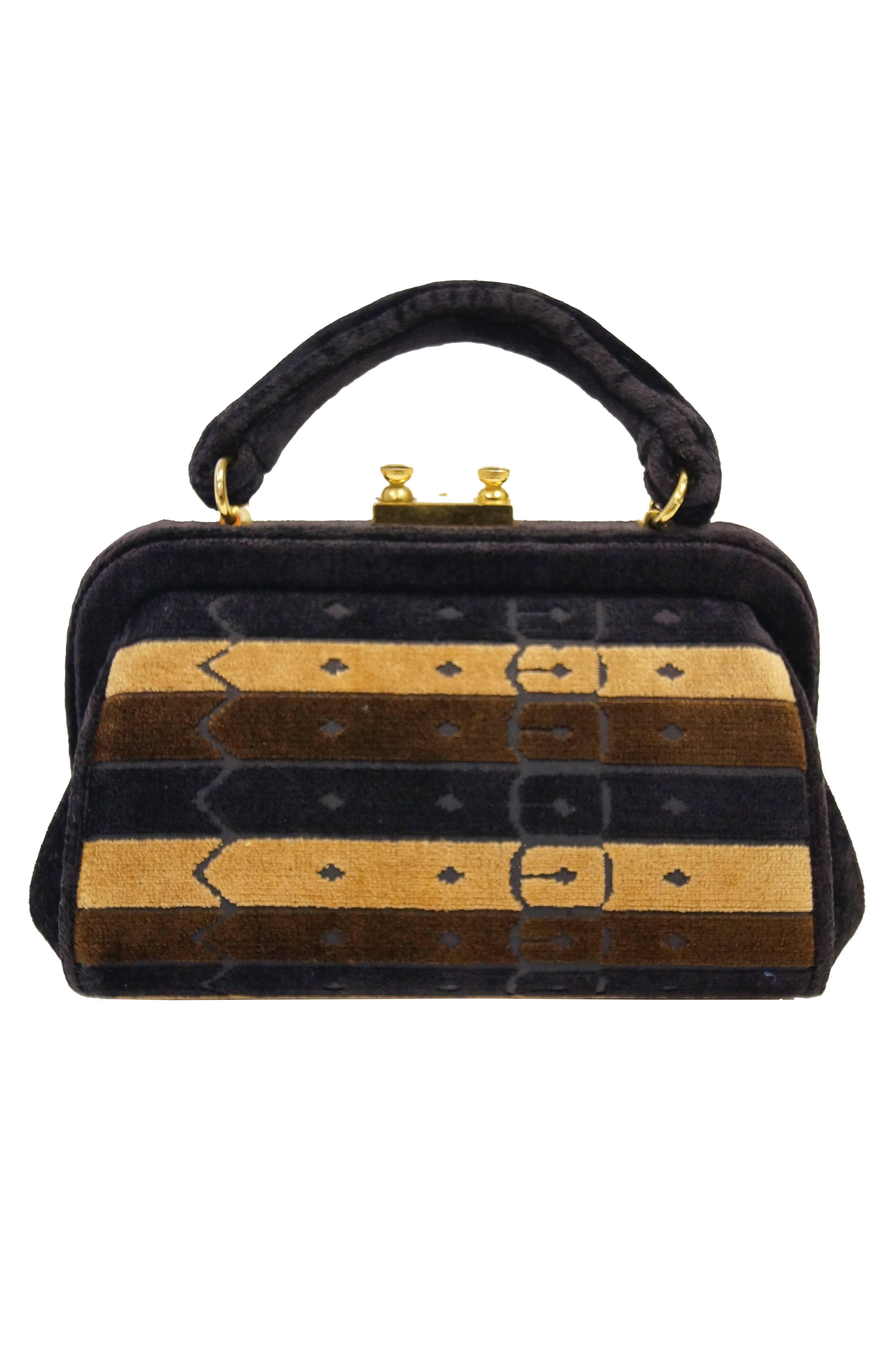 1970s Roberta di Camerino Brown Cut Velvet Belt Detail Handbag For Sale 1