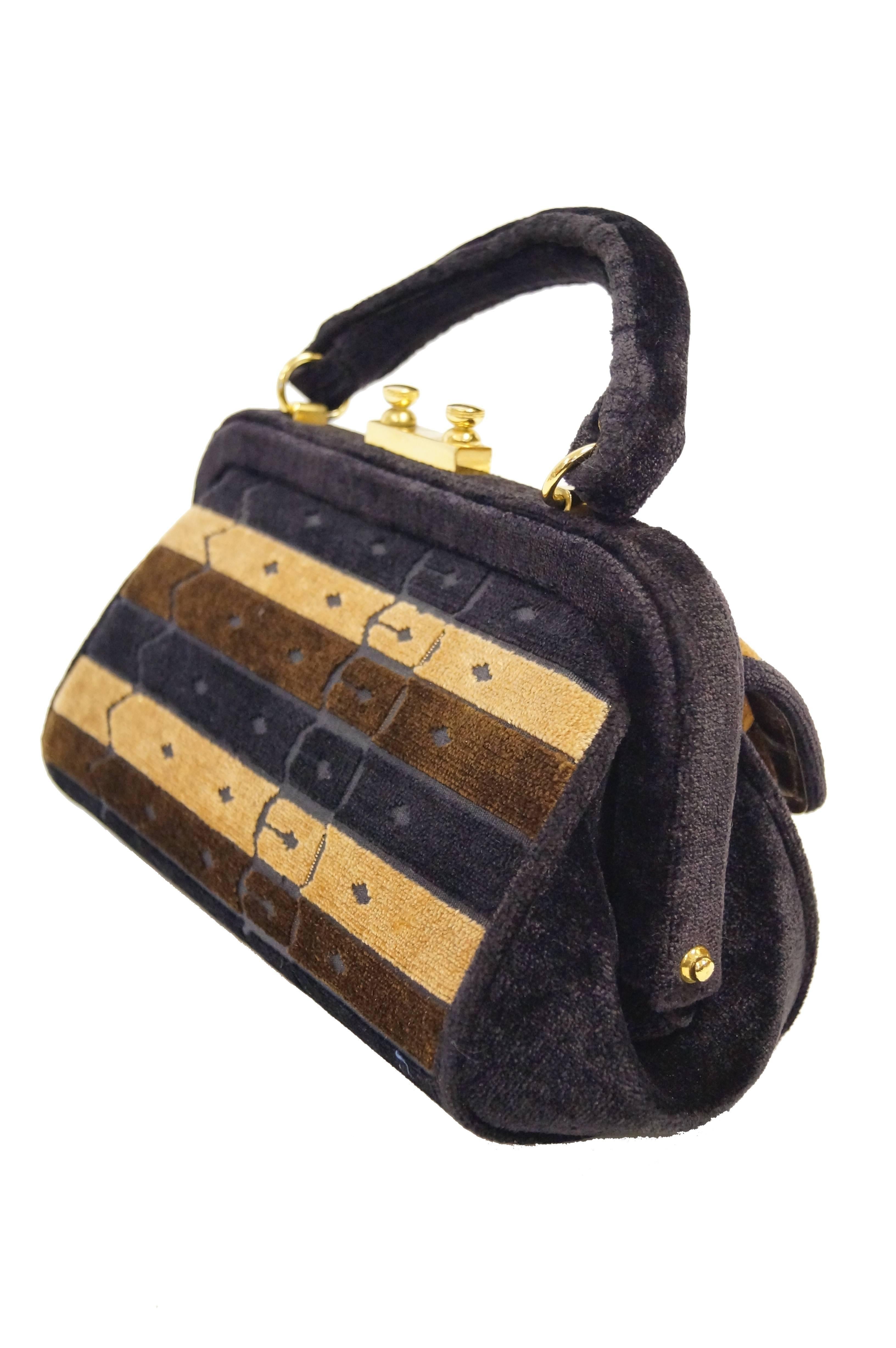 1970s Roberta di Camerino Brown Cut Velvet Belt Detail Handbag For Sale 2
