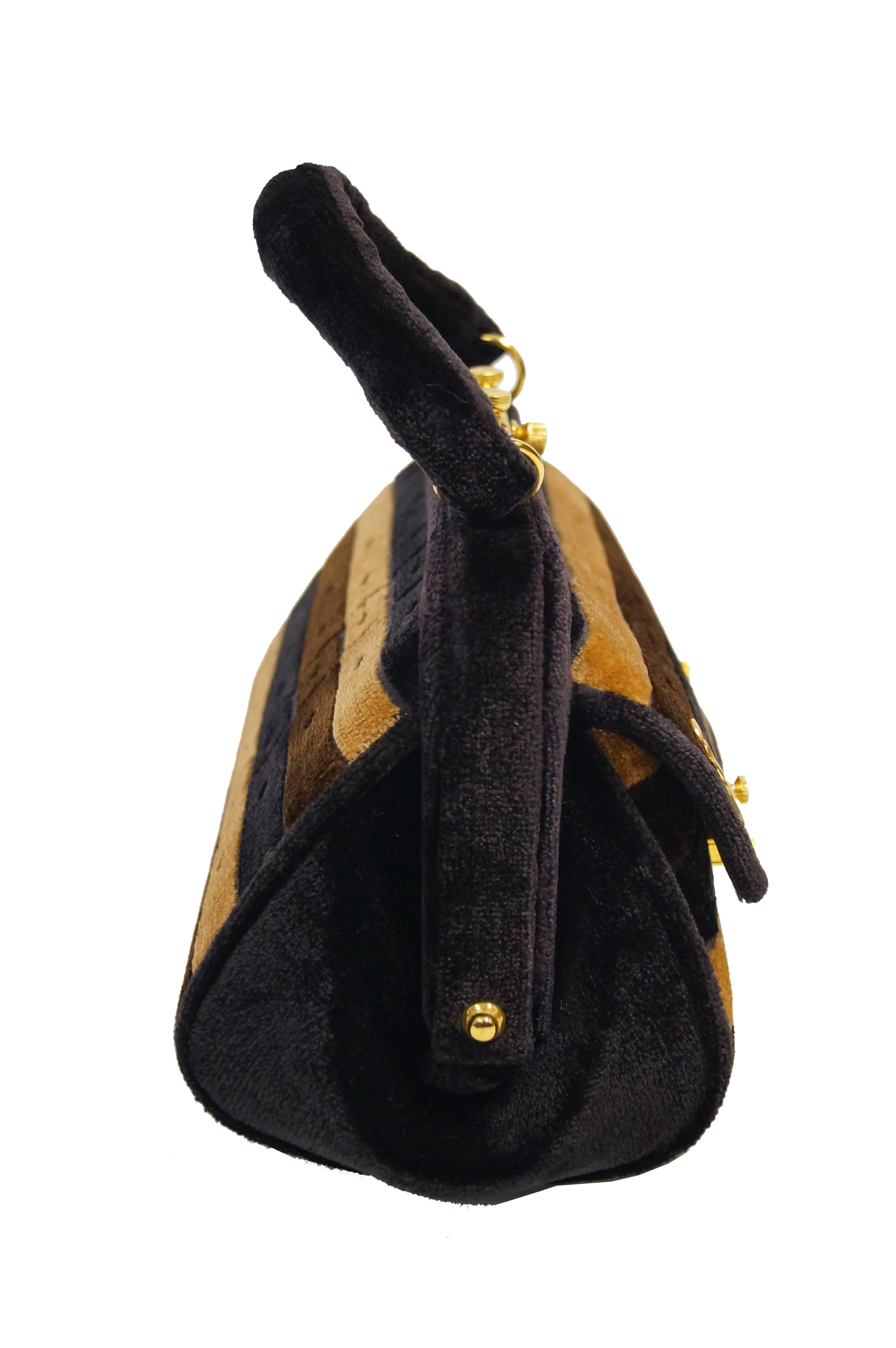 1970s Roberta di Camerino Brown Cut Velvet Belt Detail Handbag For Sale 3