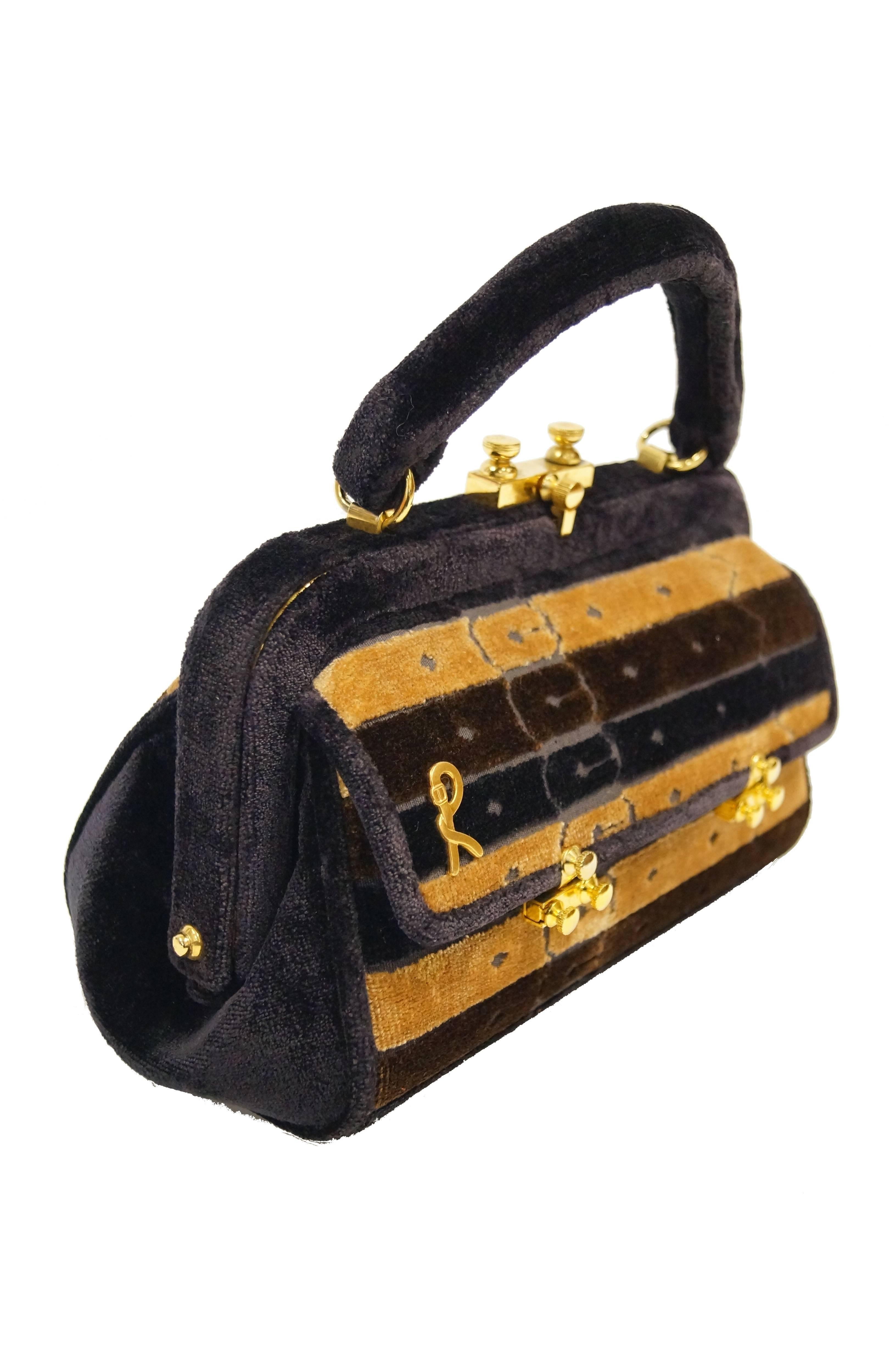 1970s Roberta di Camerino Brown Cut Velvet Belt Detail Handbag For Sale 4
