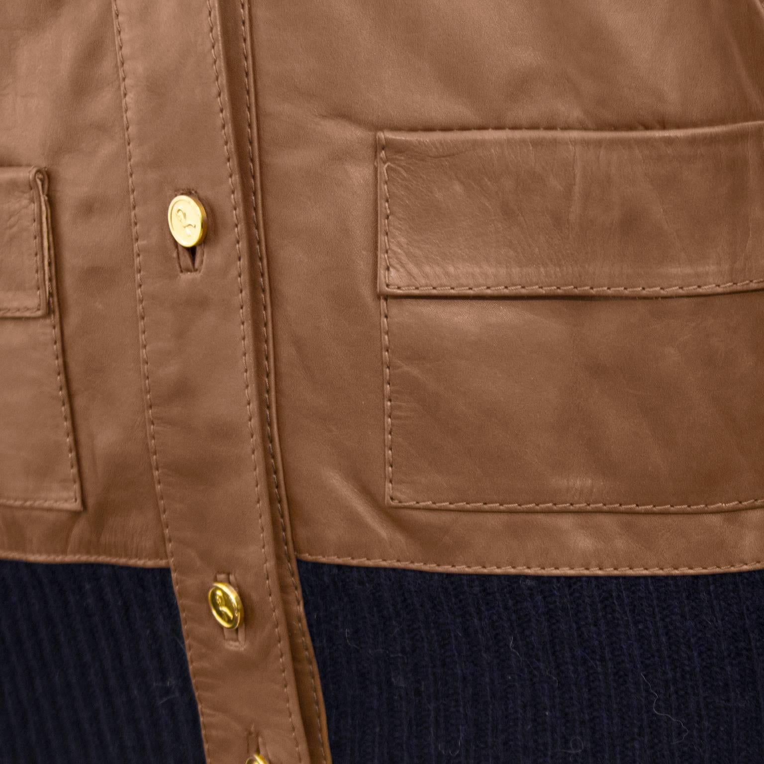 1970s Roberta Di Camerino Brown Leather and Navy Blue Knit Jacket  In Excellent Condition In Toronto, Ontario