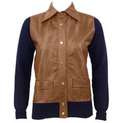 1970er Roberta Di Camerino Strickjacke aus braunem Leder und marineblauem Strick